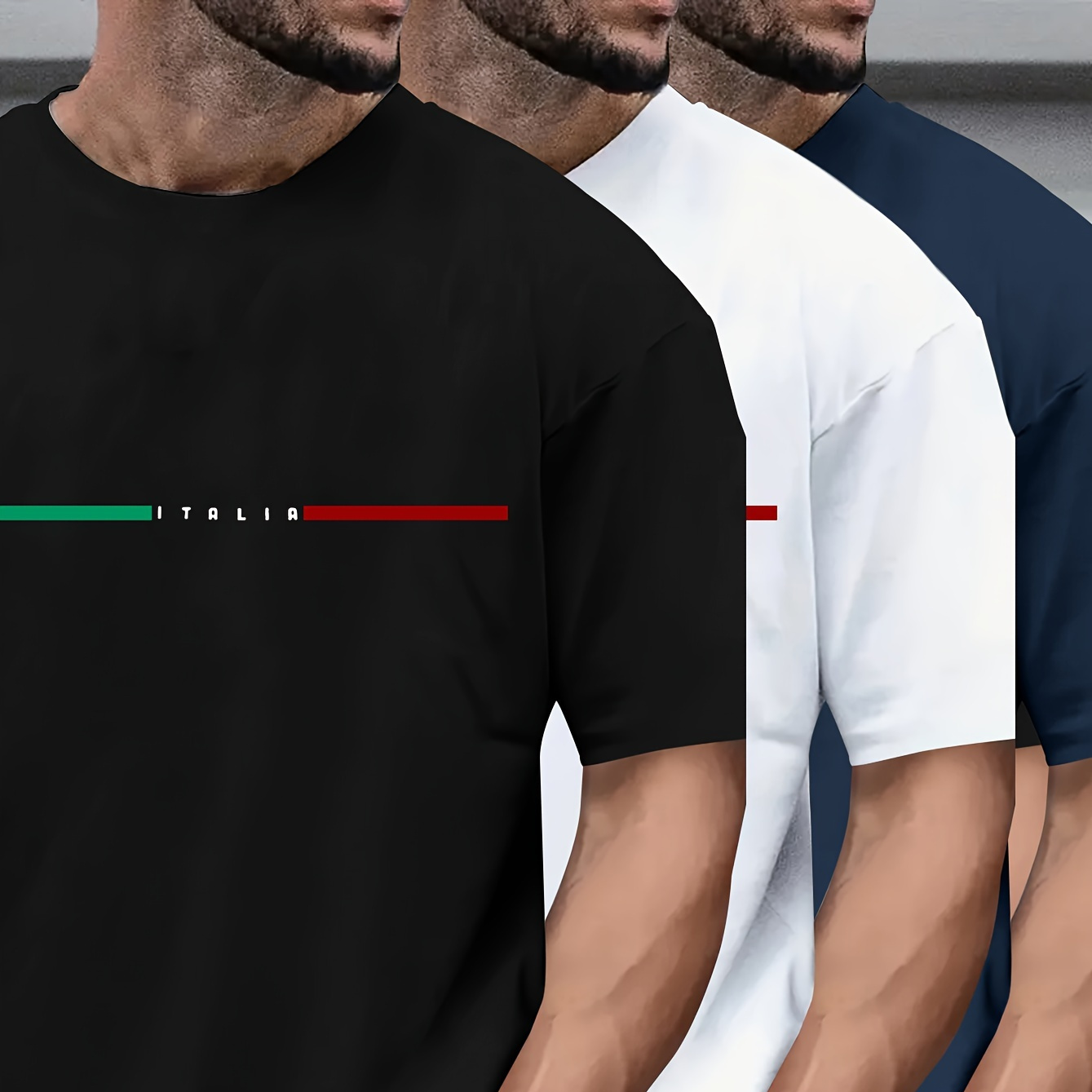 

3pcs Men's Casual " Italia " Print Set, Round Neck Sports & Leisure T-shirts, Versatile Short Sleeve Tees