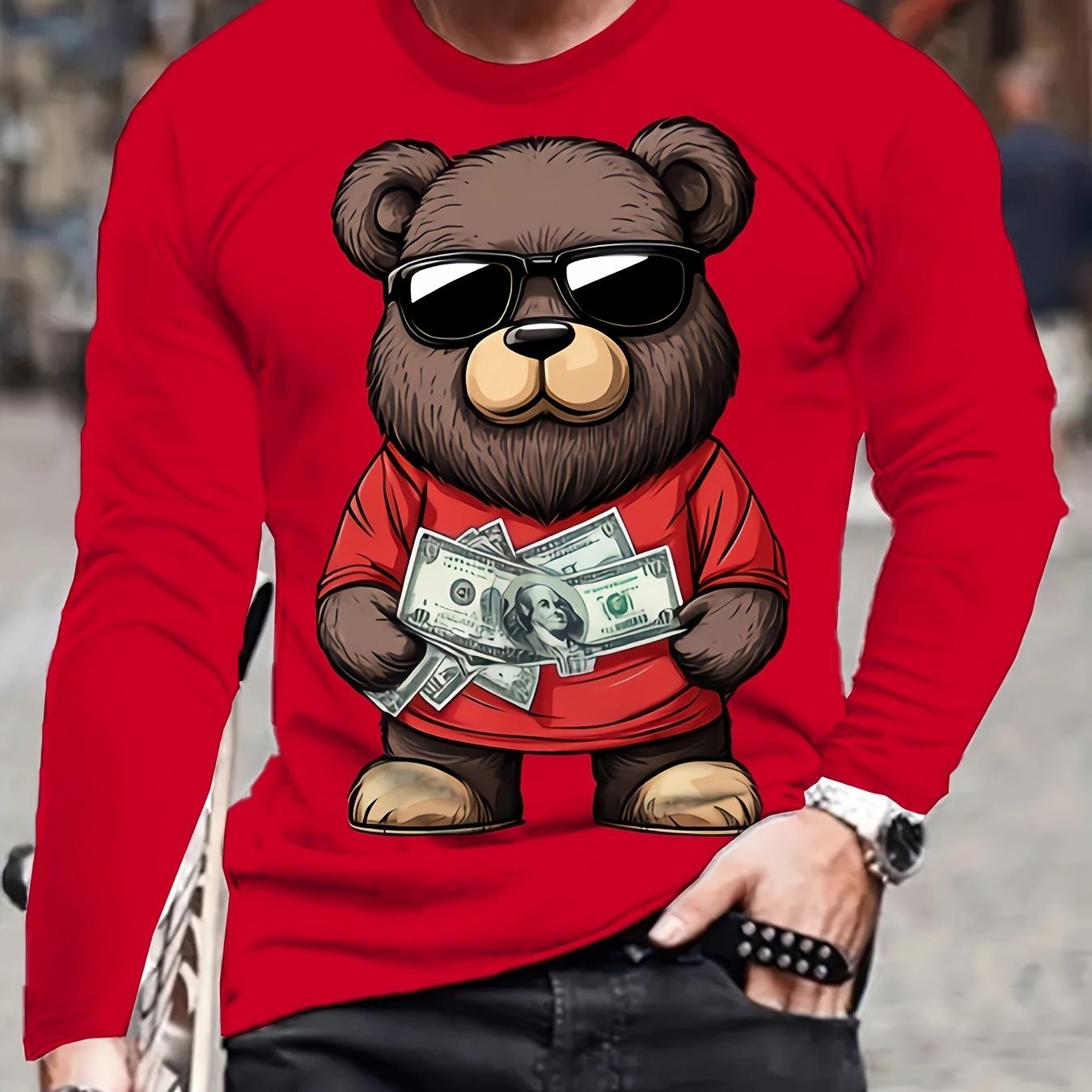 

Men's Trendy Red Long Sleeve T-shirt With Cute , Fashion Glasses & Money Motif - Soft Polyester, Round Neck, Casual Fit