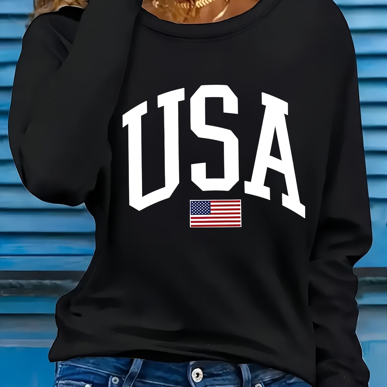 

Usa Letter Print Long Sleeve T-shirt - Casual Crew Neck, Stretchy Polyester , Machine Washable - Women'