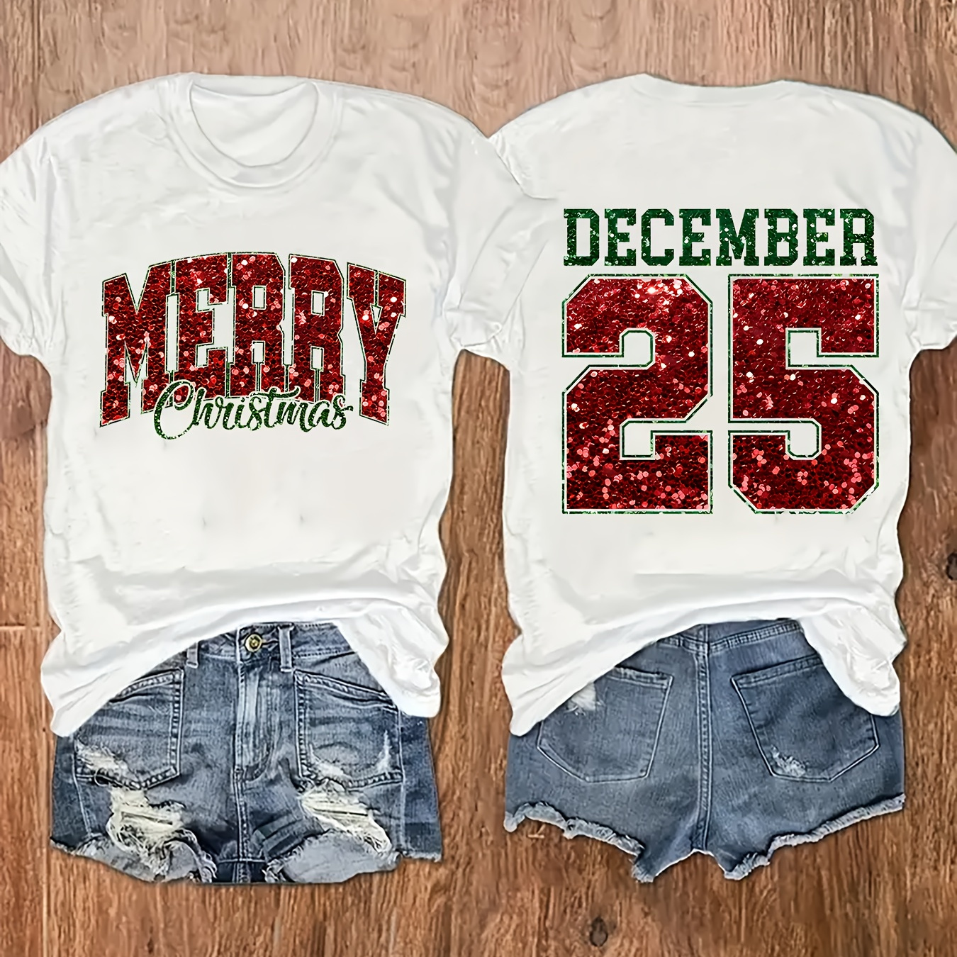 

Christmas Themed Polyester T-shirt, Casual Crew Neck, Knit Fabric, Regular Length, With Festive Lettering, For All