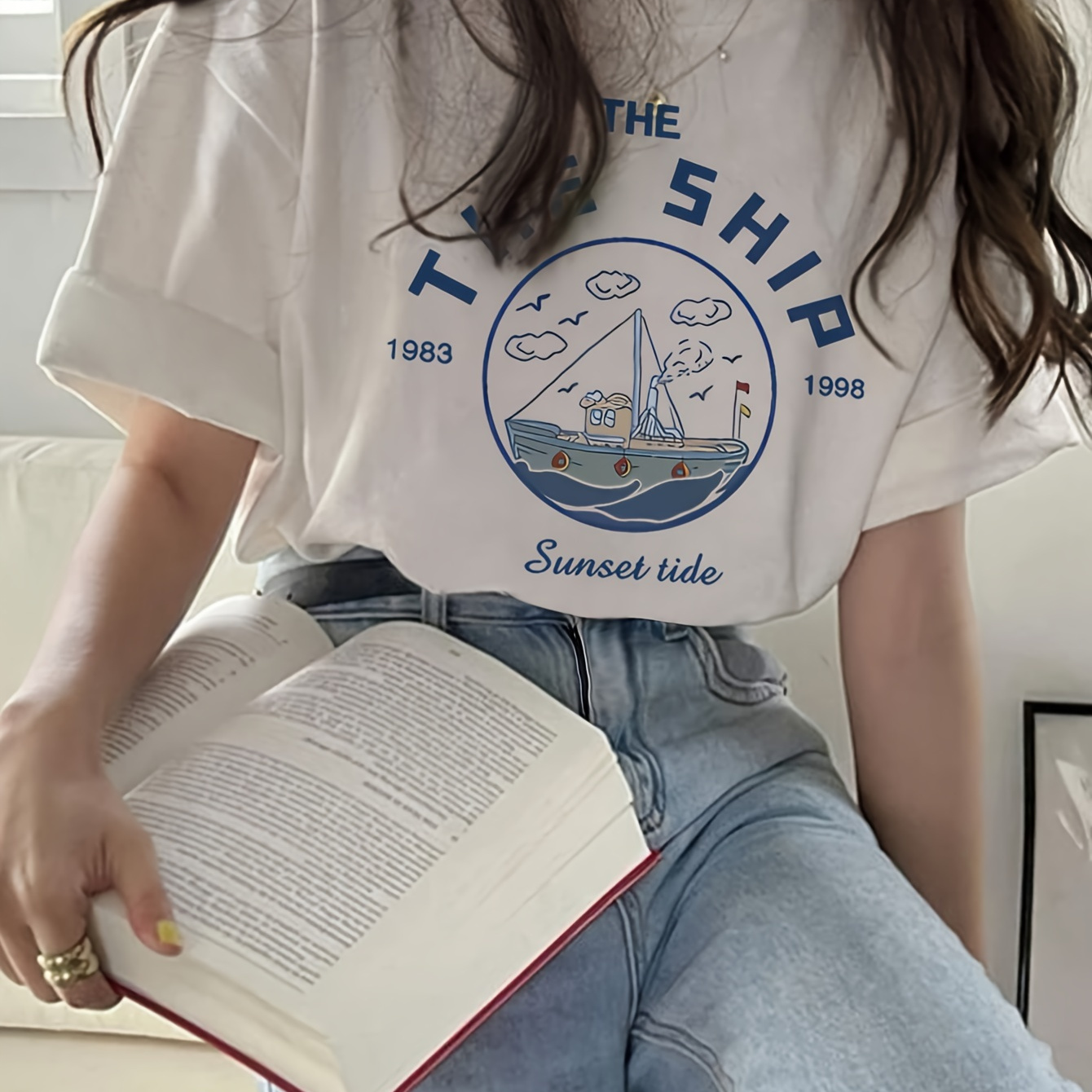 

Ship & Letter Print Cute T-shirt, Crew Neck Short Sleeve Loose Top For Spring & Summer, Women's Clothing