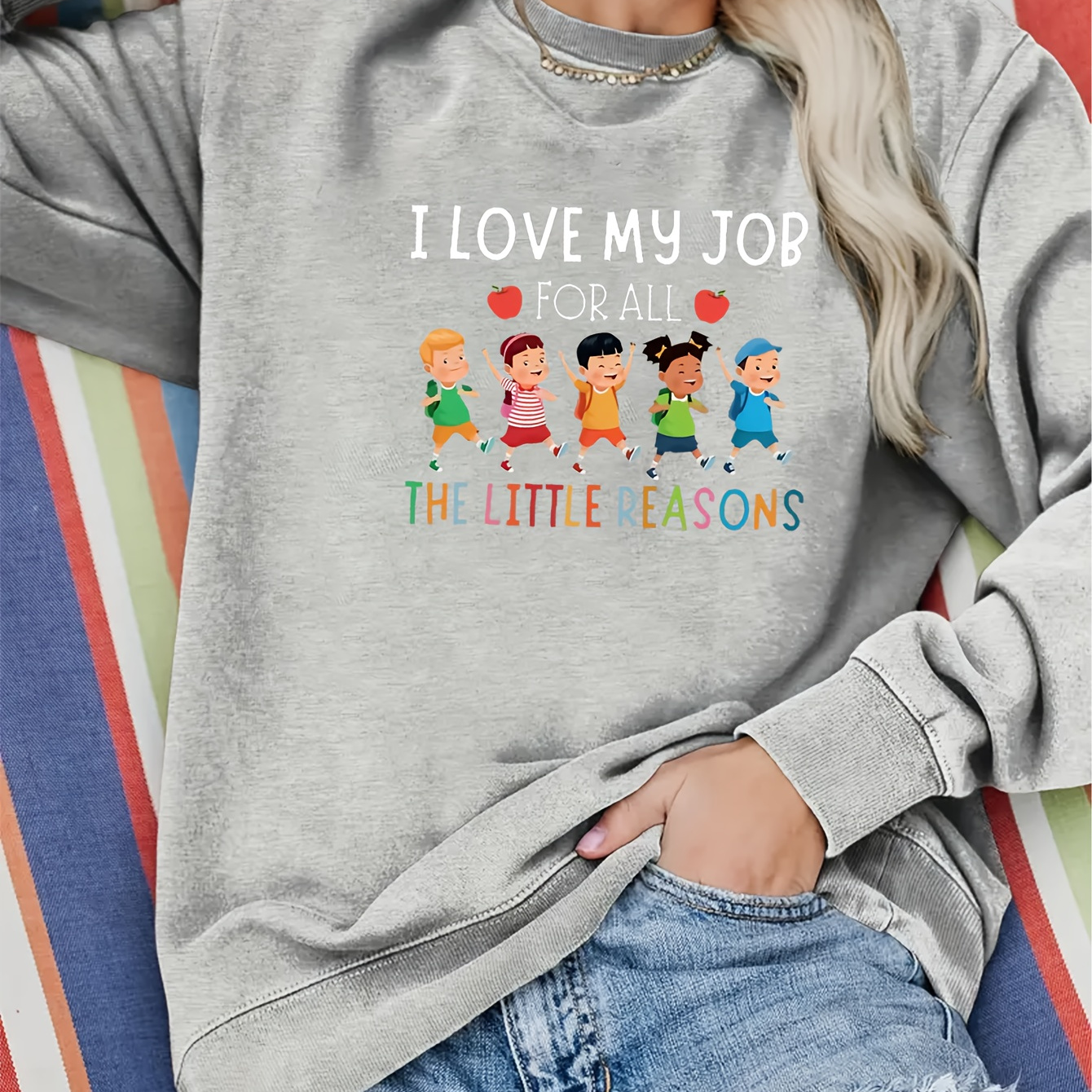 

Teacher's Day Element Print Loose Sweatshirt, Casual Crew Neck Long Sleeve Sweatshirt, Women's Clothing