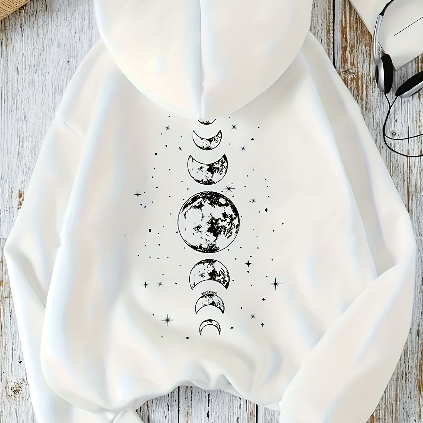 

Moon Print Kangaroo Pocket Hoodie, Casual Long Sleeve Drawstring Hoodies Sweatshirt, Women's Clothing