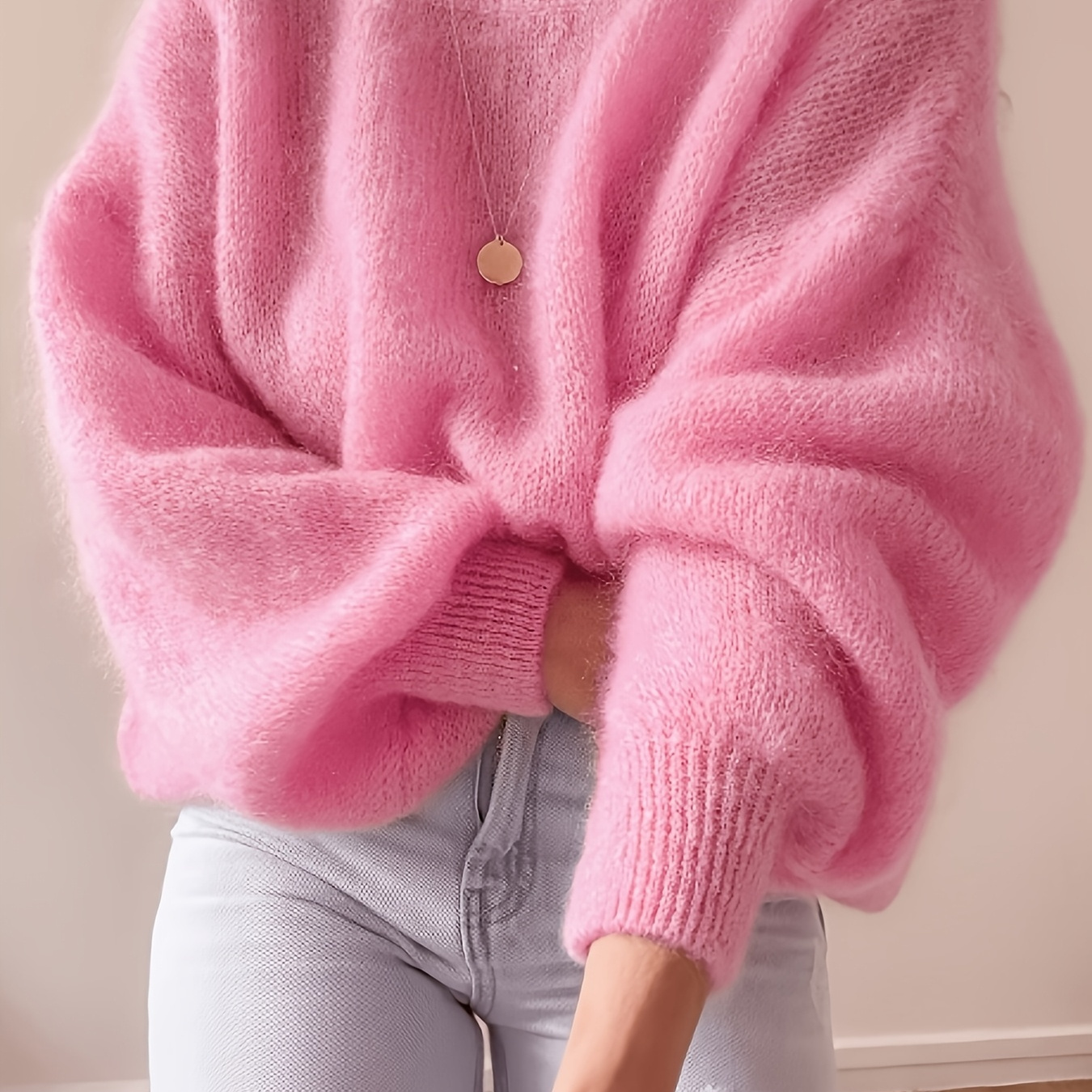 Women's Pink Fuzzy Mohair Knit Sweater