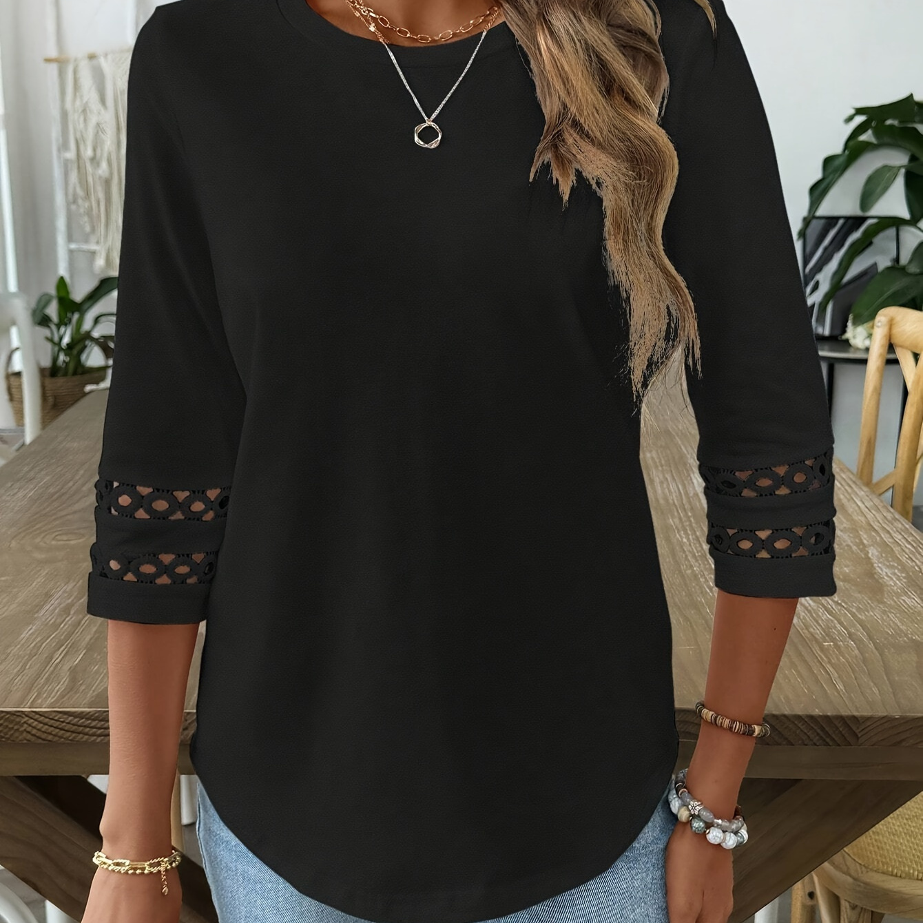 

Elegant Crew Neck Solid Color T-shirt For Women With Hollow Lace Sleeve Detail And Stretch Polyester Fabric - Spring/fall Collection