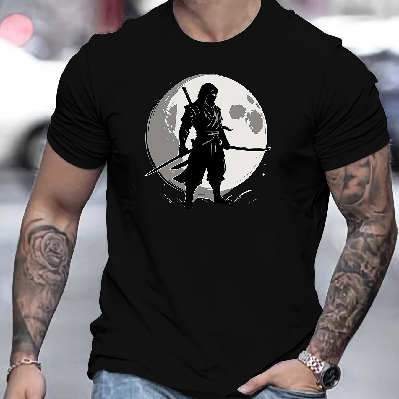 

Men's Ninja Moon Pattern Short-sleeved T-shirt For Spring, Summer, And Autumn Casual Wear With A Round Neck