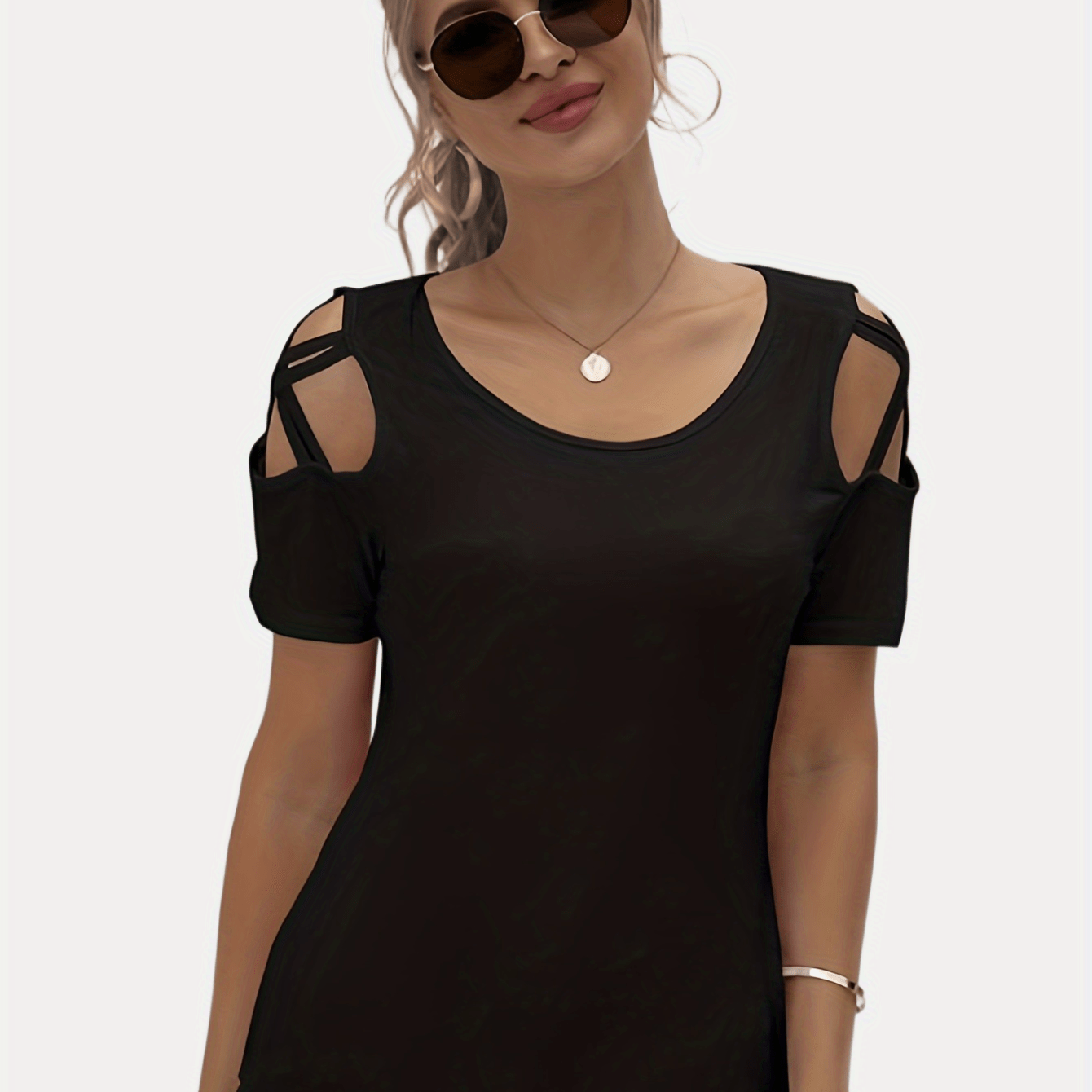 

Solid Cold Shoulder T-shirt, Casual Scoop Neck Short Sleeve T-shirt, Women's Clothing