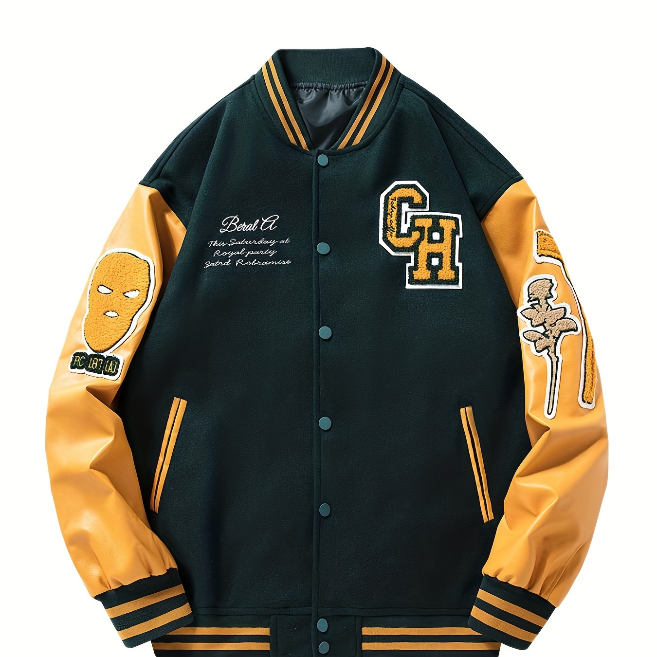 Retro Style Embroidery Varsity Pu Jacket, Men's Casual Color Block