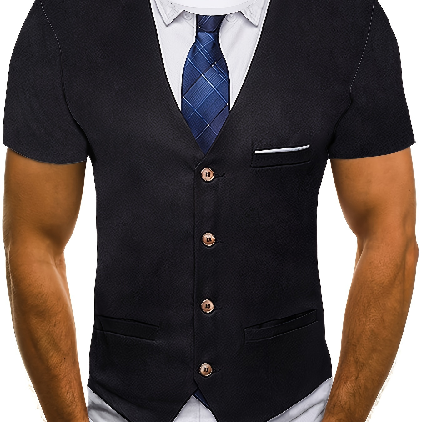 

Men's Casual Summer Short Sleeve T-shirt With Faux Tie And Vest Print, Novelty Tee, Fashionable Top, Comfort Fit