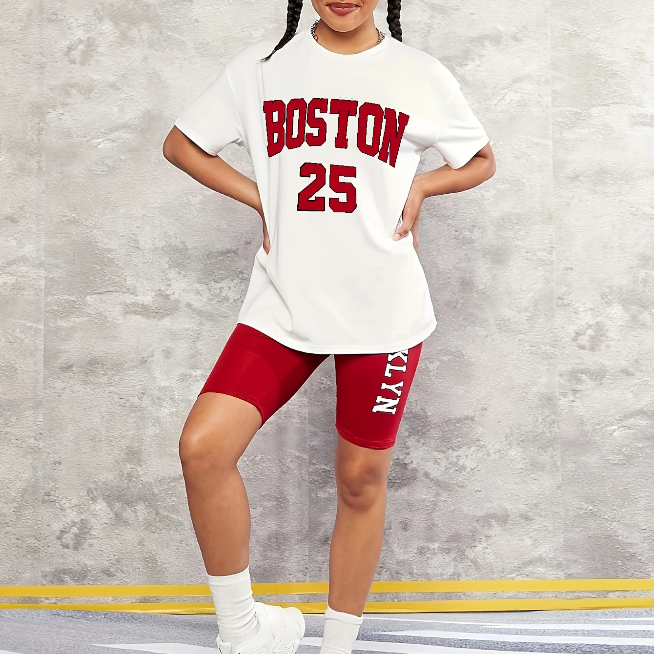 

#25 Boston Print Short Sleeve Crew Neck T-shirt, Casual Trendy Versatile Tee Comfy Summer Tops, Girls' Clothing
