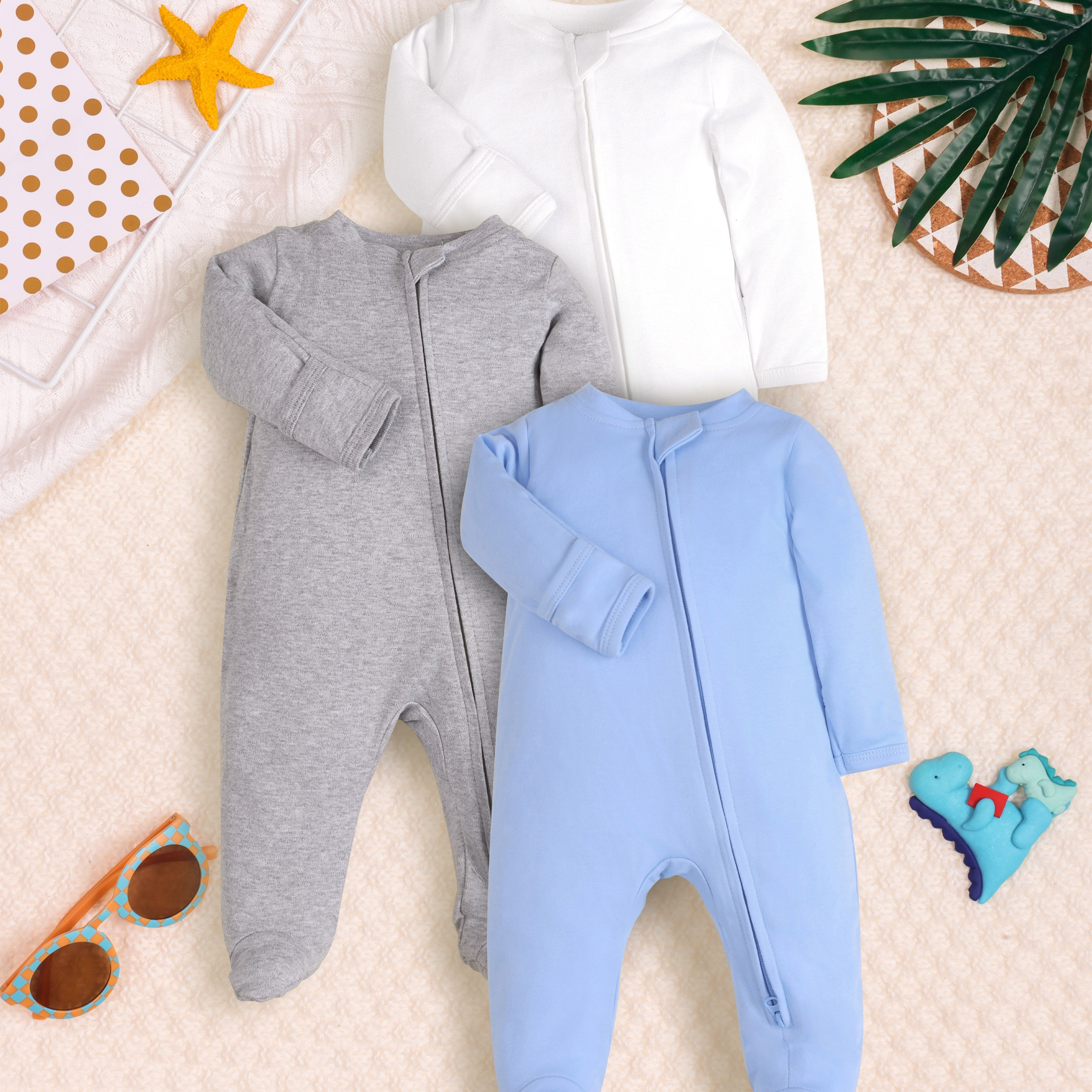 

3pcs Baby Boy's 100% Cotton Long Sleeve Footed Onesie Set, Baby Rompers, Dual Zipper And Scratch-proof Mittens Design, Classic Blue, White, Gray Style
