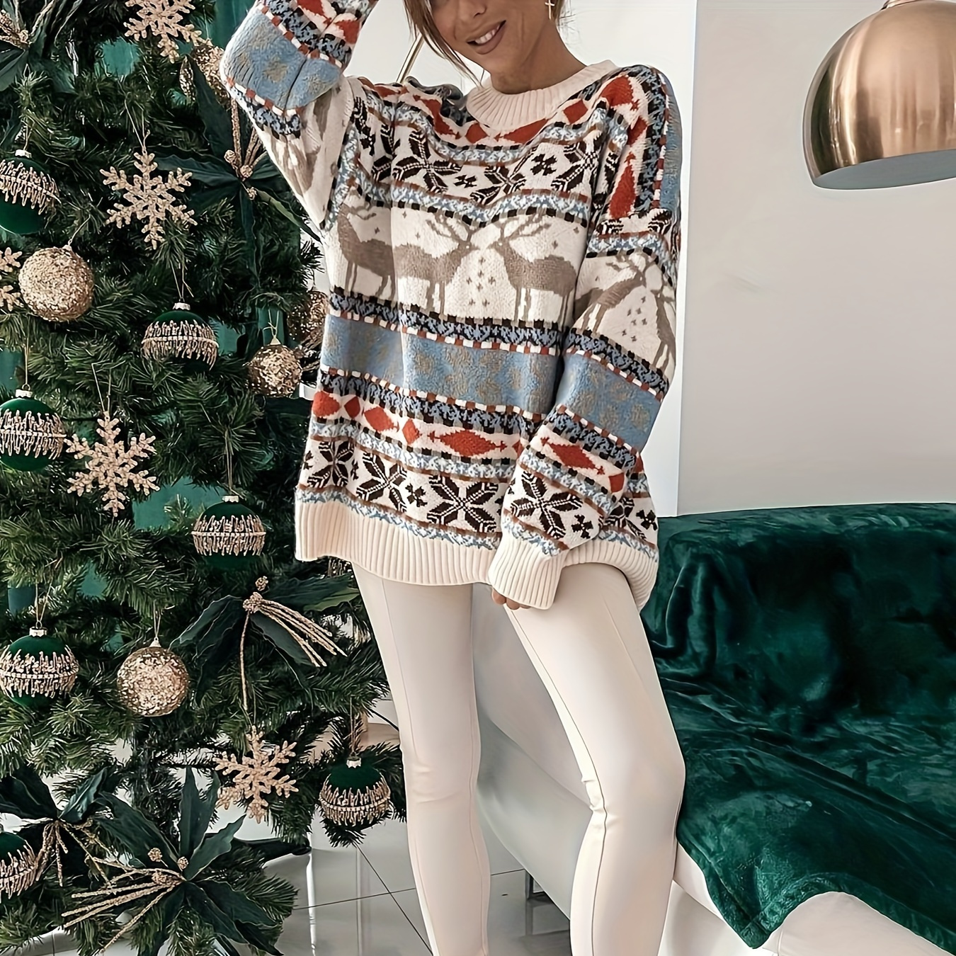 

Elegant Christmas Reindeer Jacquard Sweater For Women - Cozy Long Sleeve, Round Neck Pullover In Colors