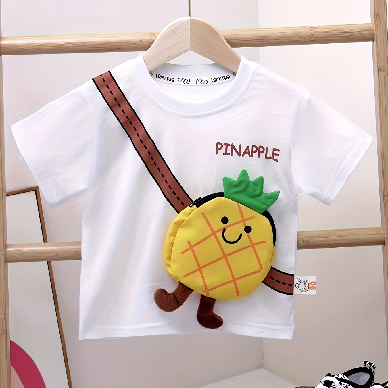 

Creative Pineapple/avocado Bag Stitched Girls Cotton Tees Short Sleeve Crew Neck Comfy & Casual T-shirt For Summer Top Gifts