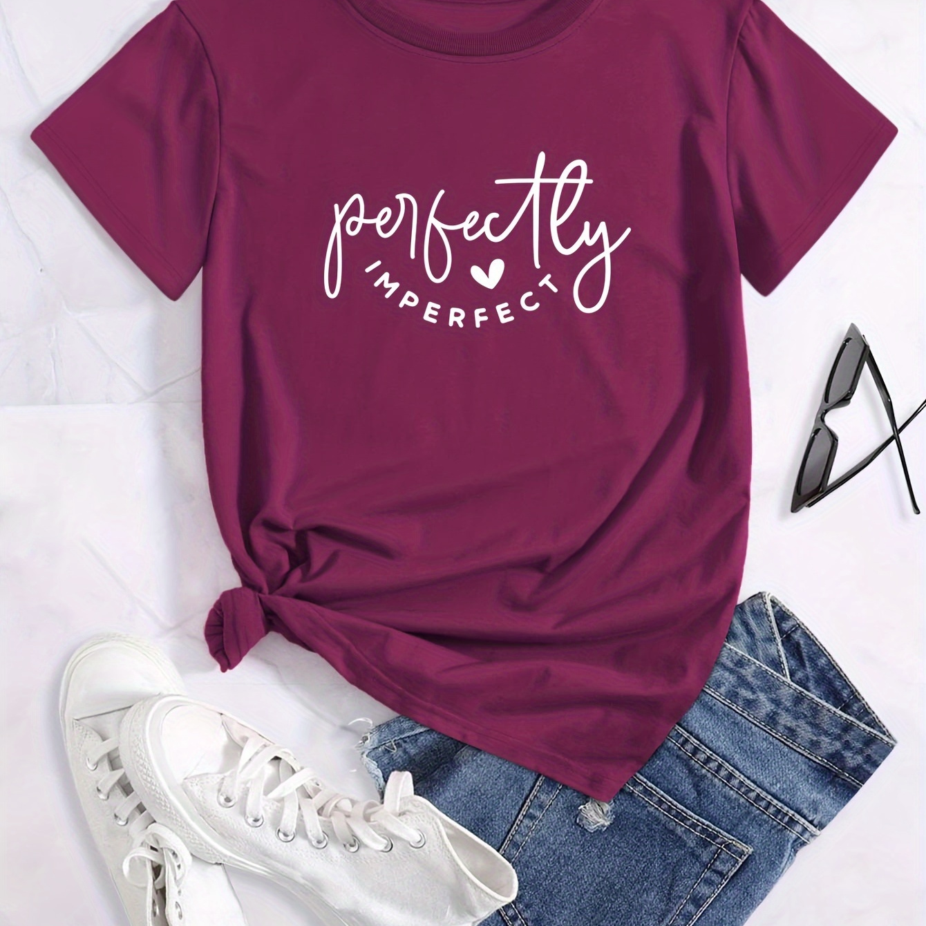 

Perfectly Imperfect Letter Print T-shirt, Casual Crew Neck Short Sleeve Top For Spring & Summer, Women's Clothing