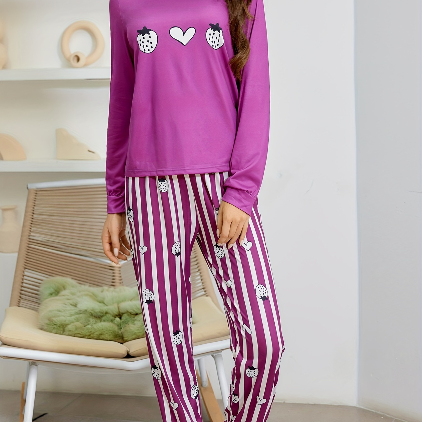 

Women's Strawberry Pattern Pajama Set, Casual Style Long Sleeve Sleepwear, Cozy Lounge Nightwear With Striped Pants For Fall