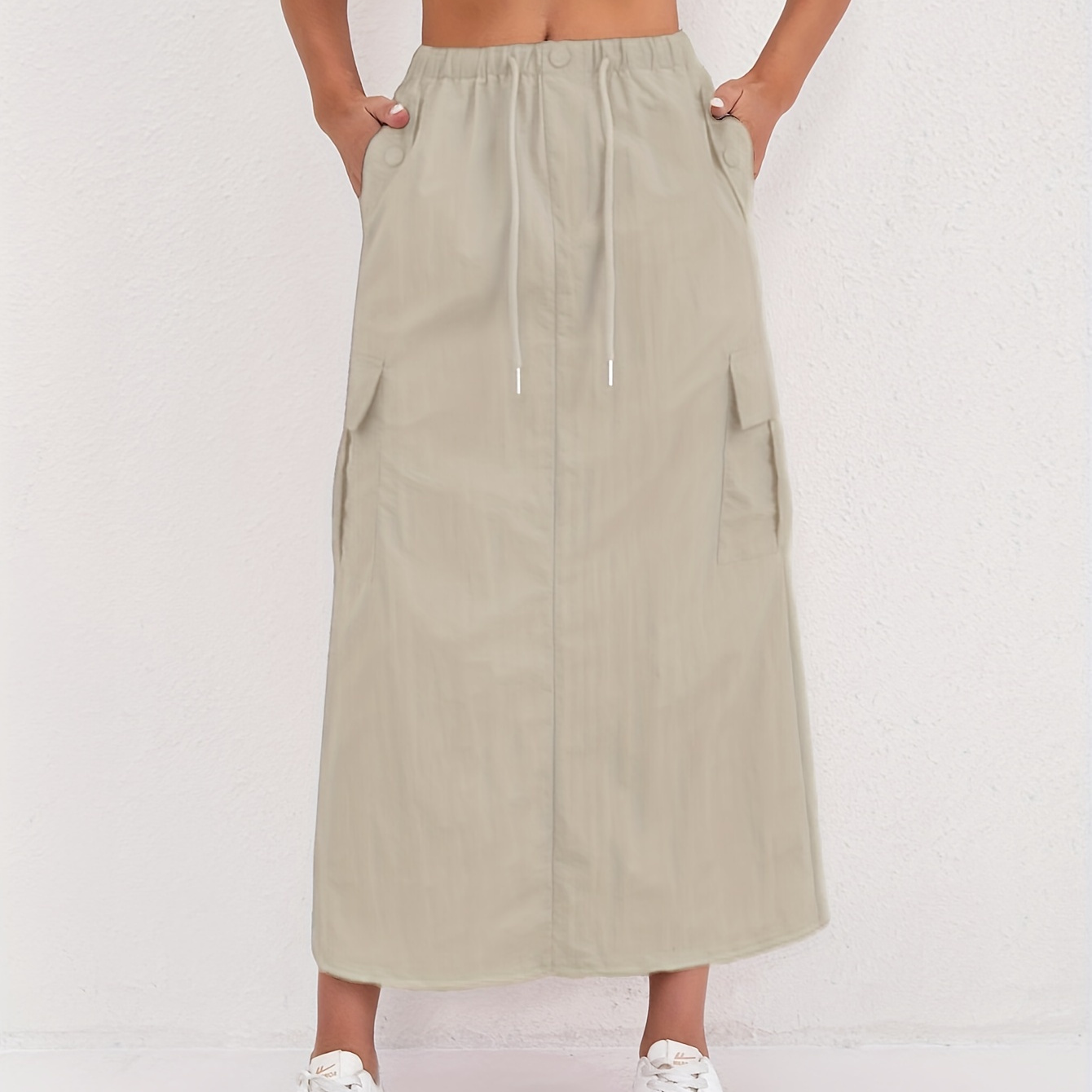 

1pc Y2k Style High-waisted Cargo Skirt For Women, Solid Color Polyester A-line Midi Skirt With Pockets, Breathable , Regular Fit, Slit Hem, Fashion Skirt With Drawstring Belt