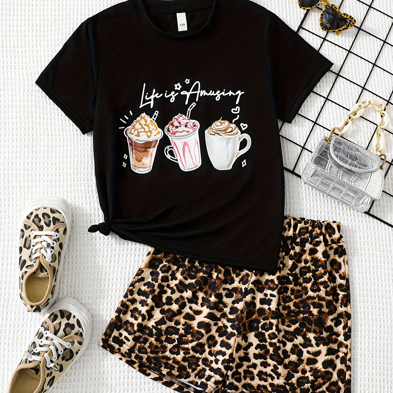 

Life Is Amazing Print 2pcs Set Girls Comfy Coffee Graphic Outfits Spring Summer Gift