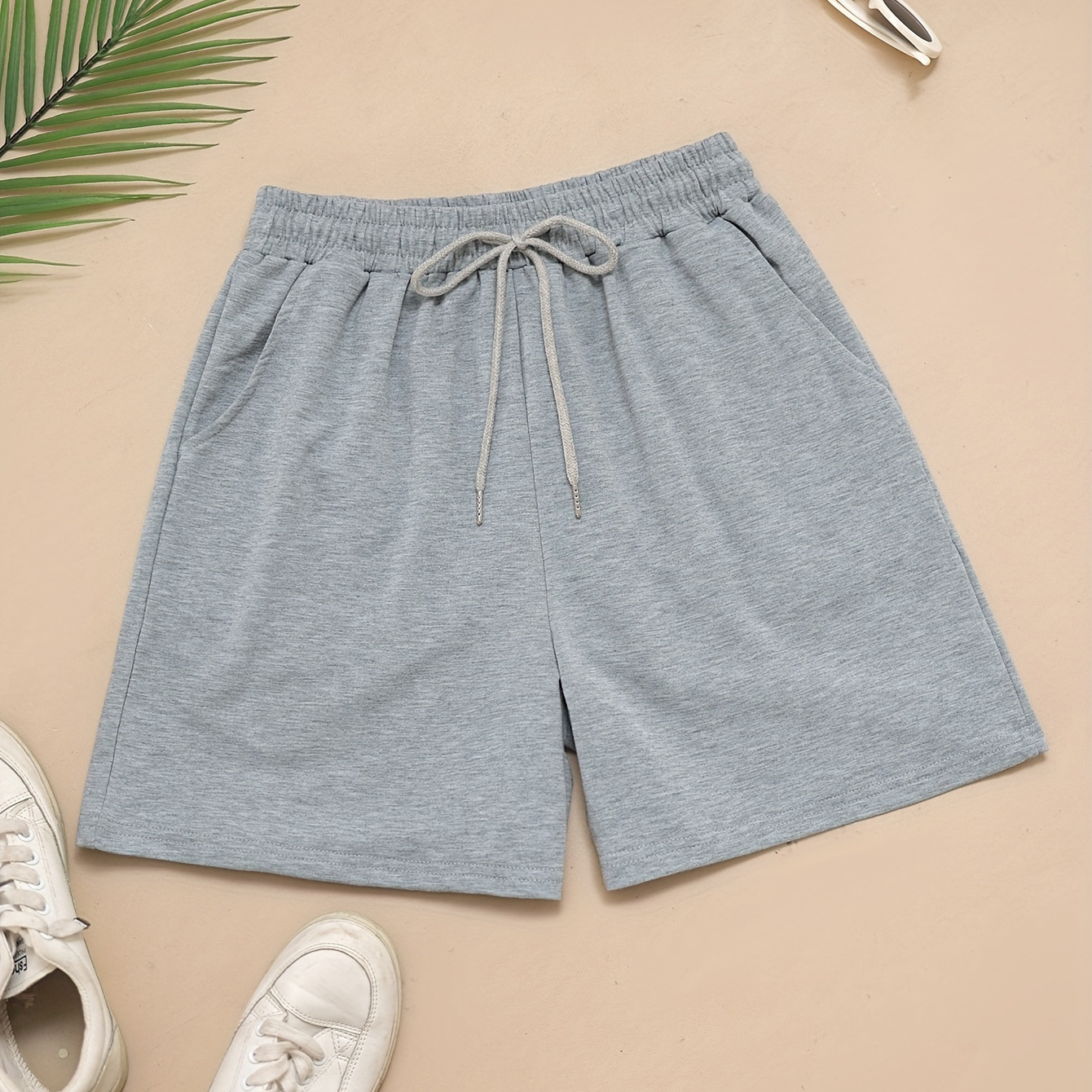 

Solid Drawstring Waist Shorts, Casual Slant Pocket Shorts For Spring & Summer, Women's Clothing