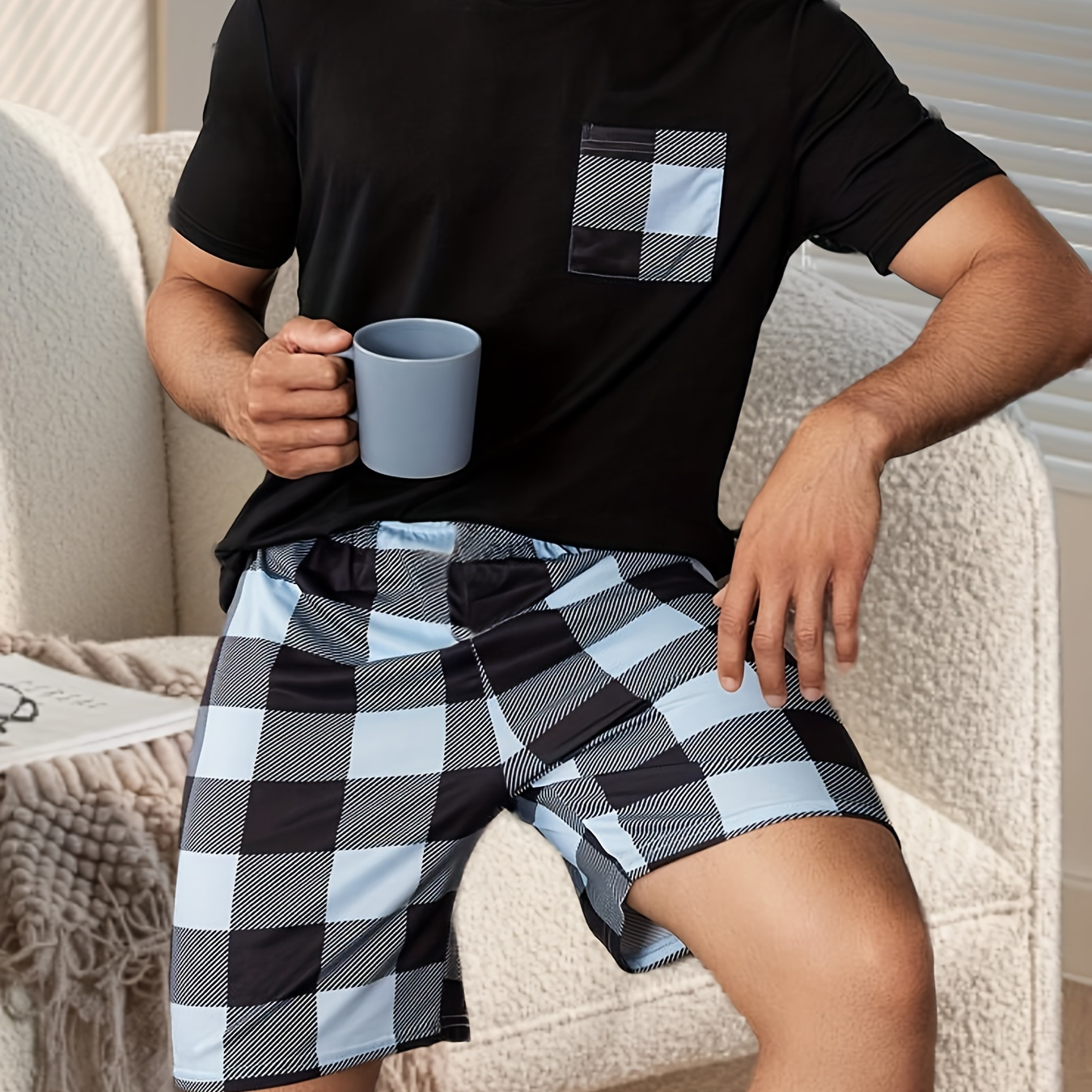 

Men's Casual Pajama Set - Comfy Polyester & Elastane , Round Neck T-shirt And Shorts, Machine Washable