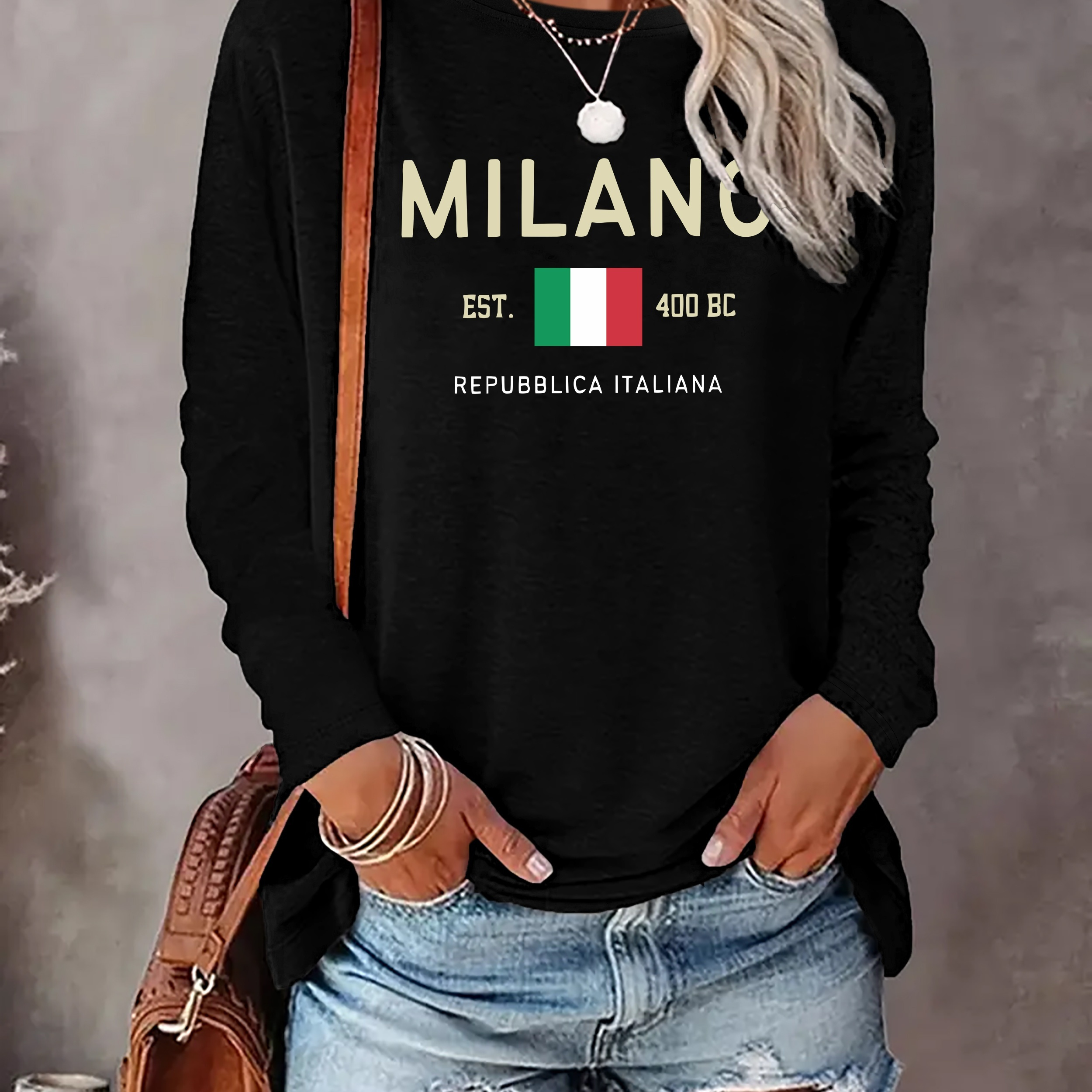 

Milano Print T-shirt, Long Sleeve Crew Neck Casual Top For Spring & Fall, Women's Clothing