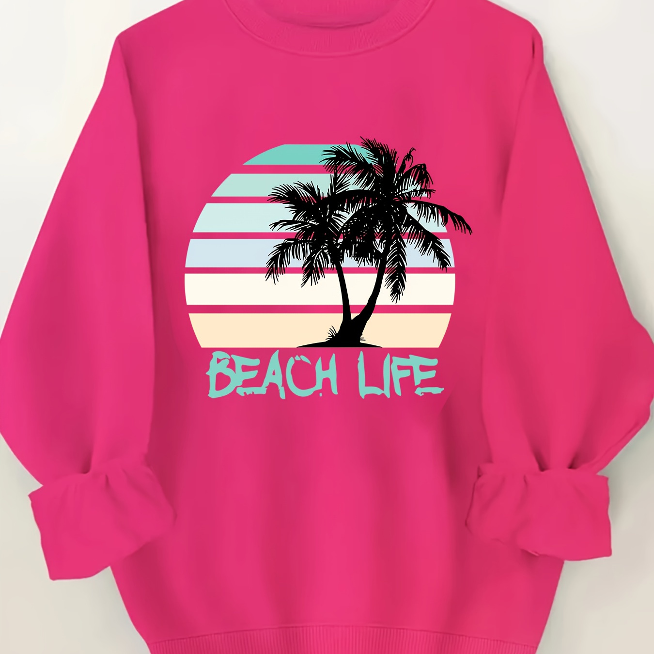 

Plus Size Beach Life Print Pullover Sweatshirt, Casual Long Sleeve Crew Neck Sweatshirt For Fall & Spring, Women's Plus Size Clothing