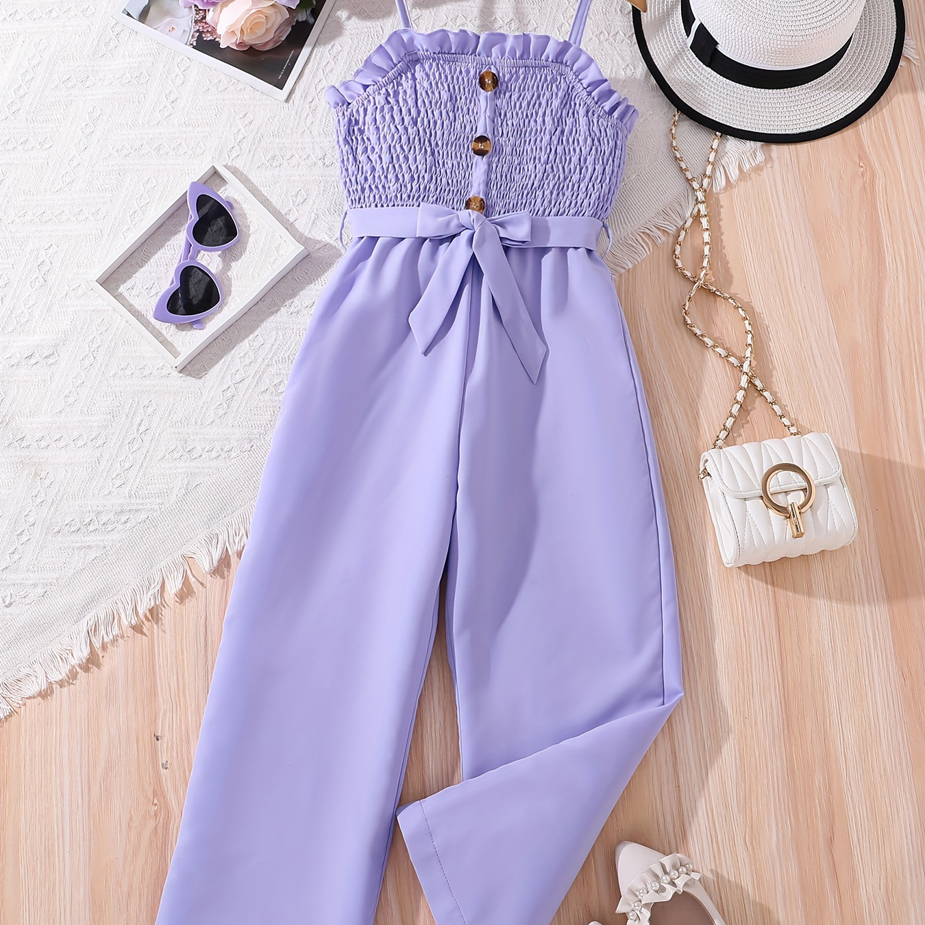 

Girls Casual & Trendy Solid Colored Button Decor Shirred Bust Belted Cami Jumpsuit For Spring & Summer