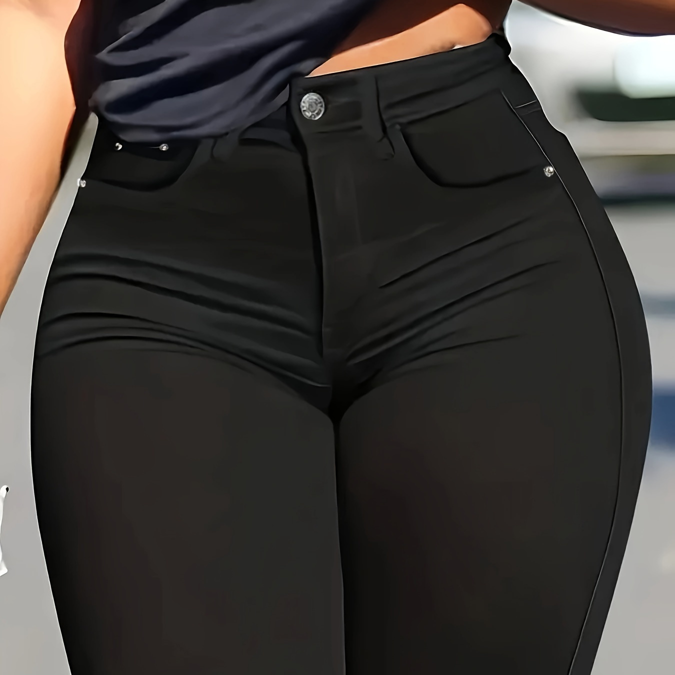 

Plus Size Plain Black Color High Stretch Skinny Fit Casual Retro Style Women's Jeans Denim Pants