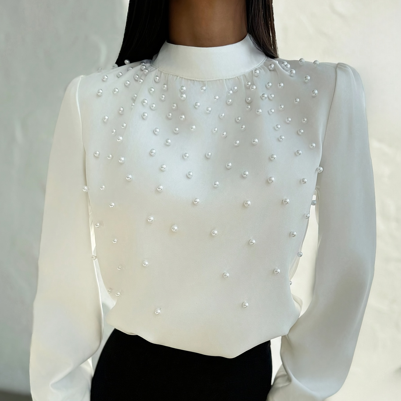 

Elegant Solid Color Beaded Mock Neck Long Sleeve Blouse - Polyester, Machine Washable - Spring & Fall