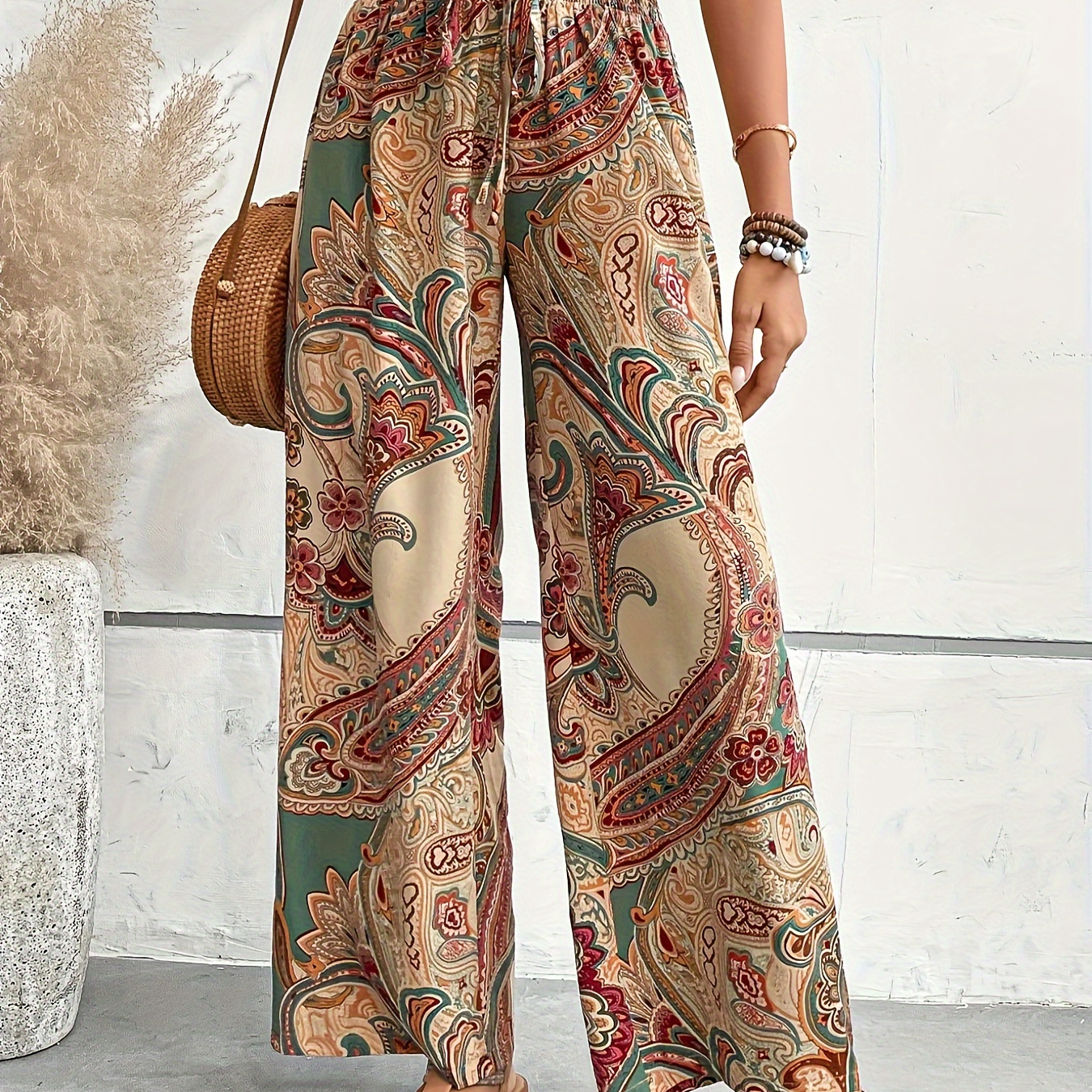 

Pantalon Taille Cravate Imprimé Paisley, Pantalon Large Boho De Vacances Pour Le Printemps Et L’été, Vêtements Pour Femmes