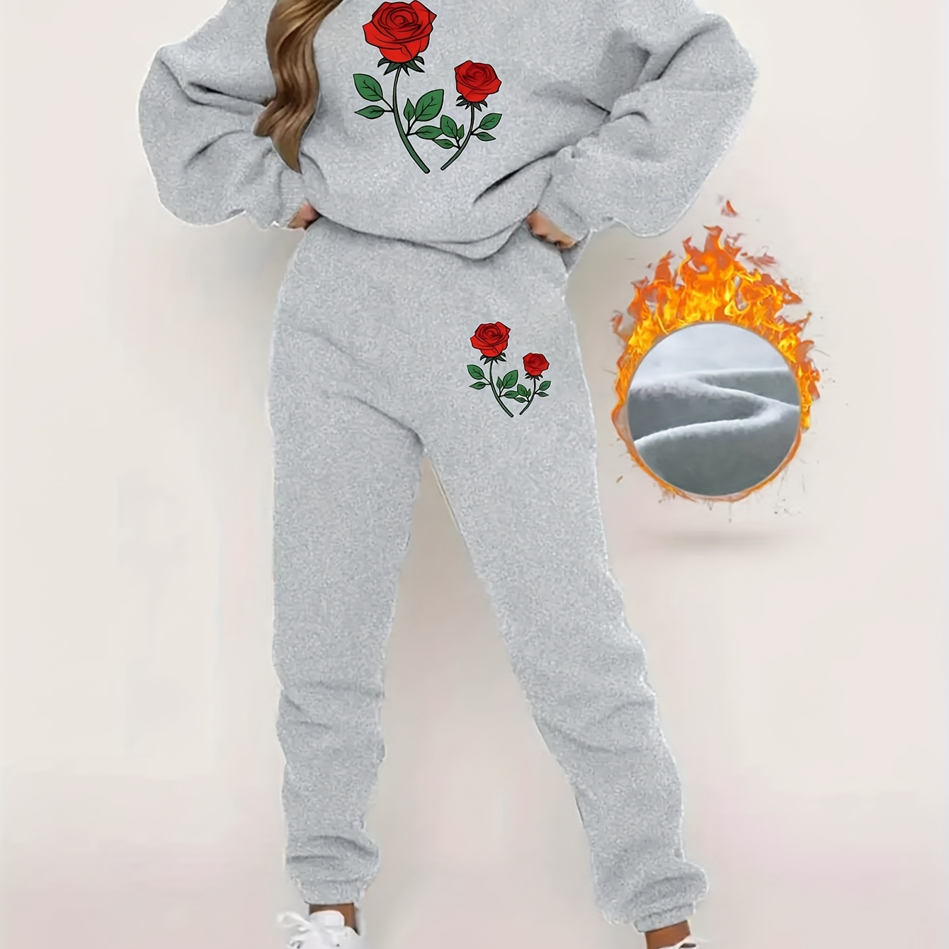 

Cozy Fleece-lined Floral Print Women's Activewear Set - Crew Neck Sweatshirt & Joggers, Non-stretch Polyester