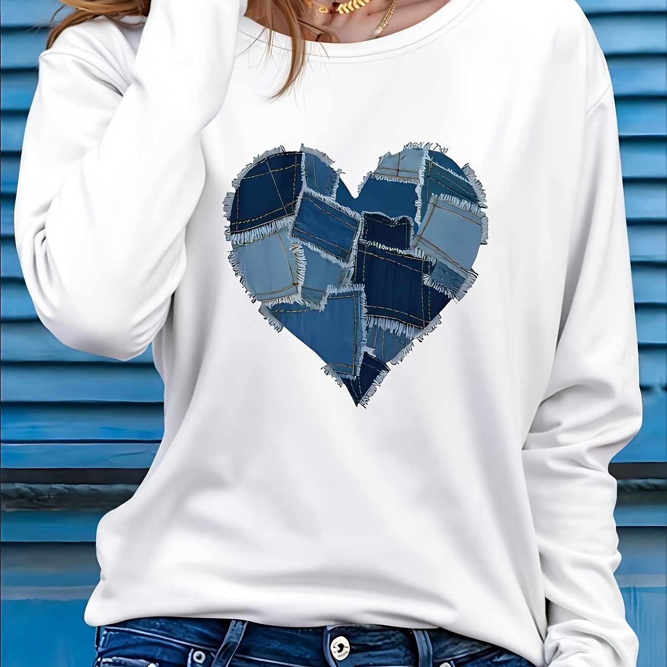 

Women's Chic White T-shirt With Blue Denim Heart Patch - Casual Polyester , Long Sleeve, Round Neck, Machine Washable - All
