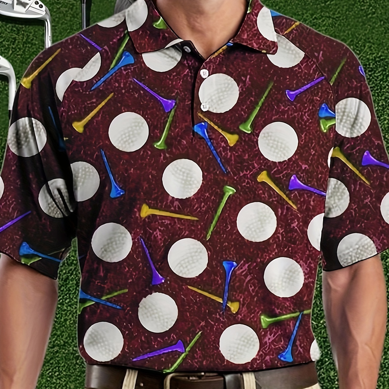 

Golf Balls Digital Print Men's Chic Short Sleeve Lapel Shirt, Summer Outdoor Sports Top