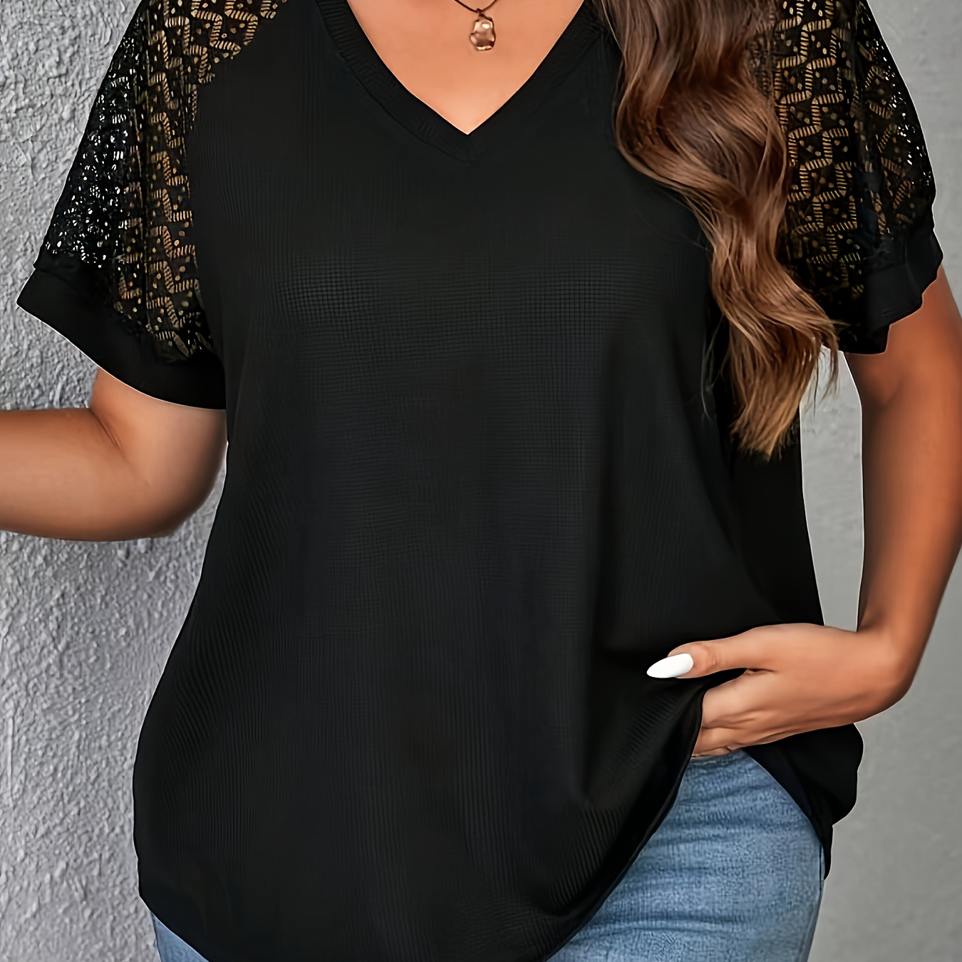 

Plus Size Elegant Teal Lace-trimmed V-neck T-shirt For Women - Casual Short Sleeve Top, Stretchy Polyester , Machine Washable, Ideal For Spring/summer, Plus Size Blouses