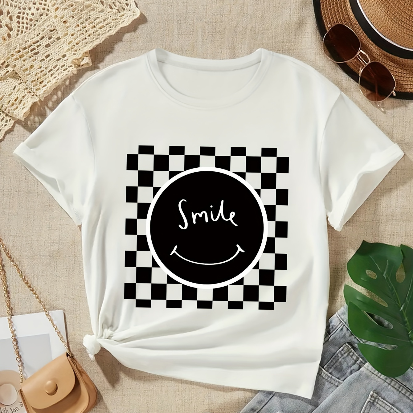 

Smile Graphic Print, Girls' Casual Crew Neck Short Sleeve T-shirt, Comfy Top Clothes For Spring And Summer For Outdoor Activities