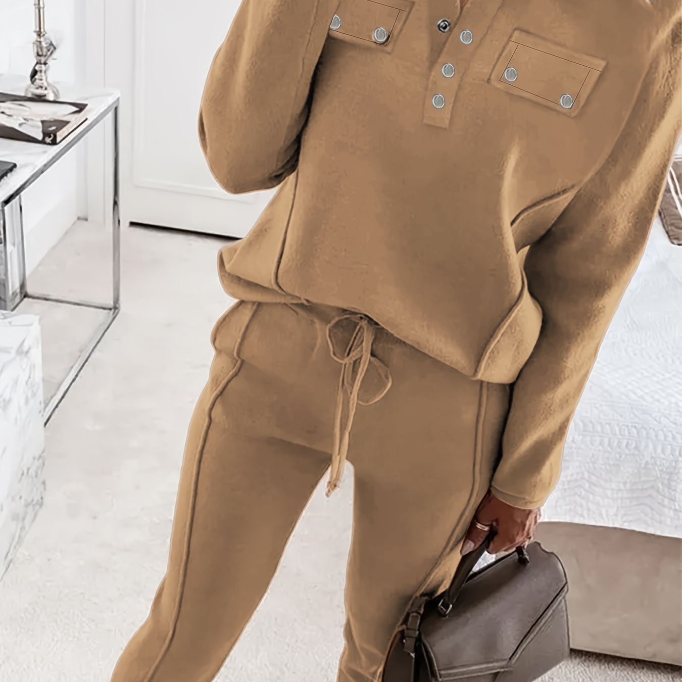 

Button Front Lace Up Matching Two-piece Set, Casual Long Sleeve Top & Pants Outfits, Women's Clothing