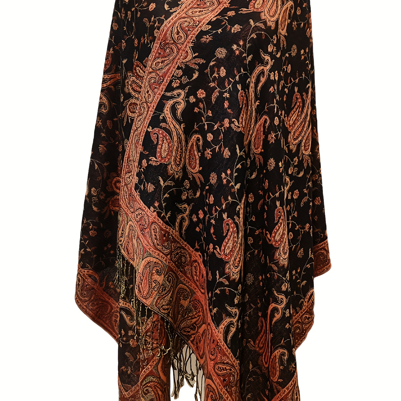 

Plus Size Paisley Pattern Cape Coat, Boho Fringe Open Front Shawl Outwear, Women's Plus Size Clothing