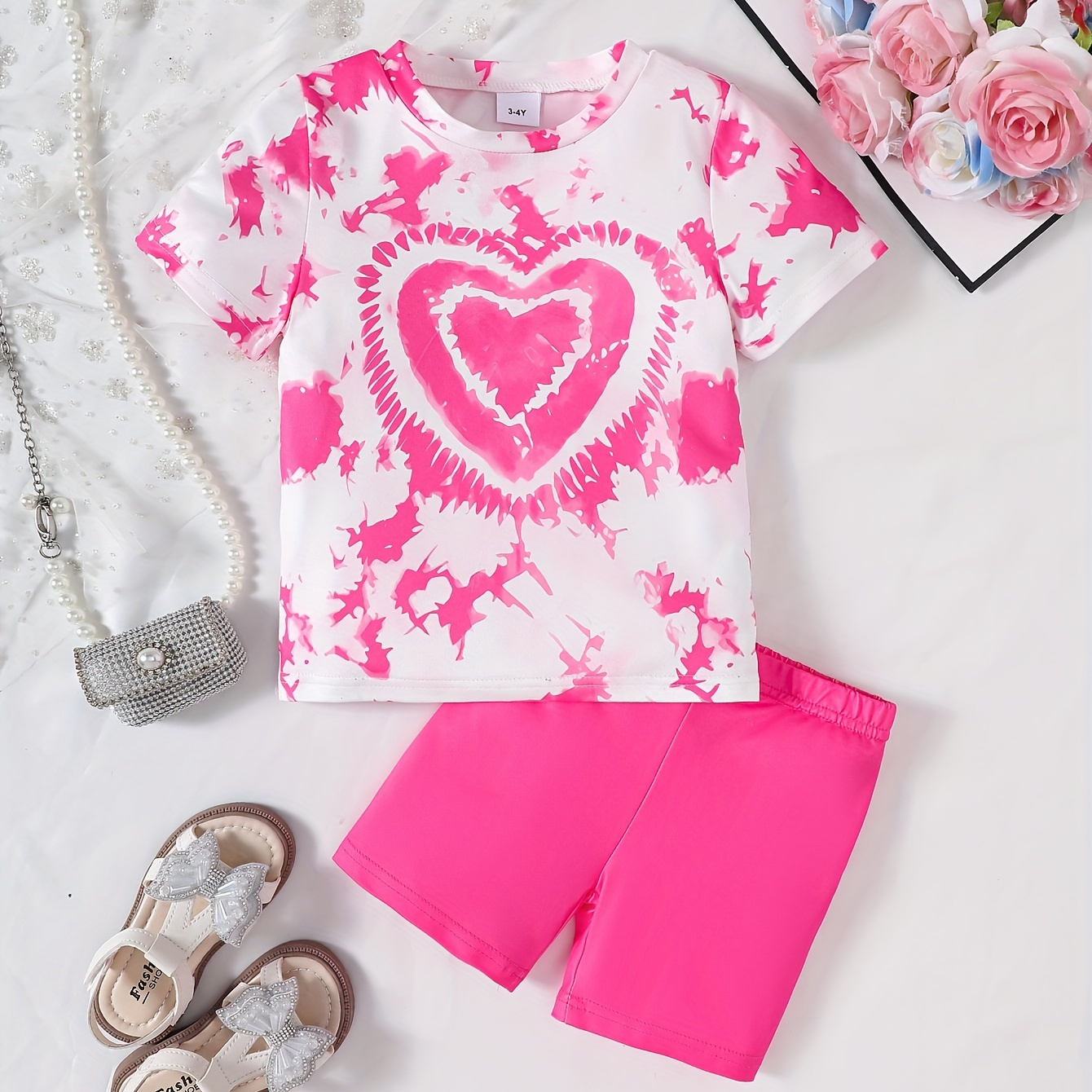 

Girl's Heart Print 2pcs Summer Casual Outfit, Tie-dye T-shirt & Shorts Set, Girl's Sporty Style Clothes