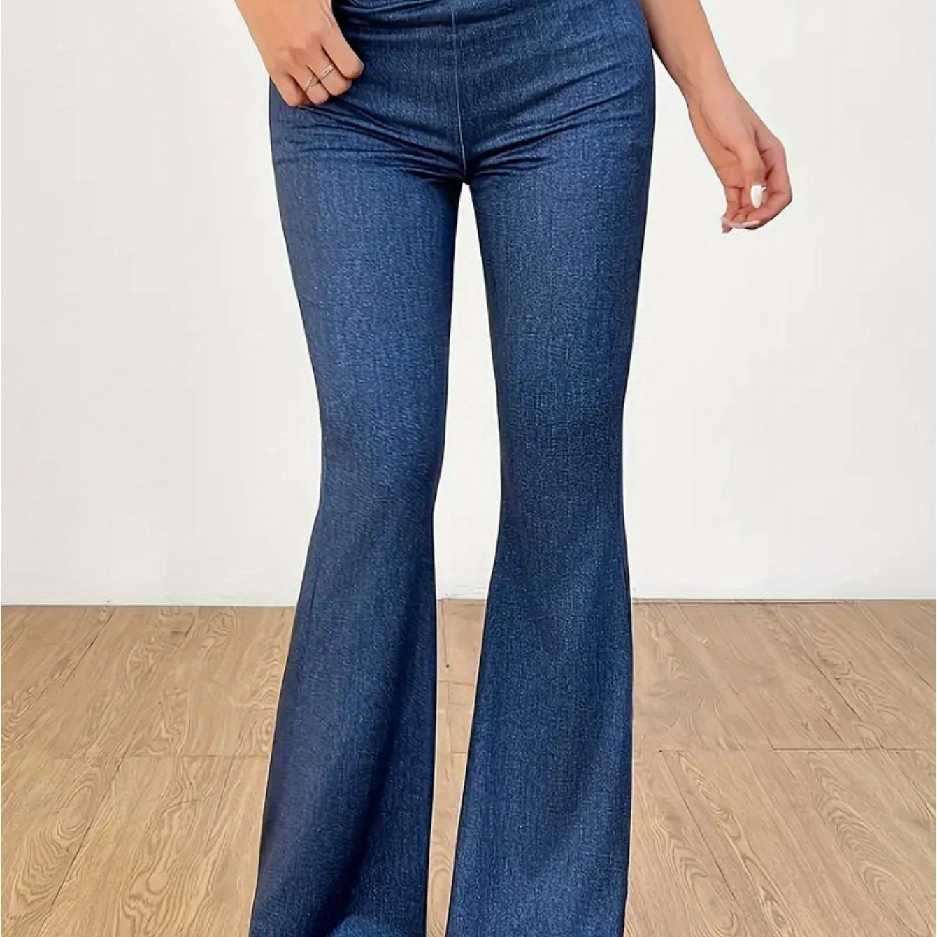 Women's High-Waisted Stretchy Knit Imitation Denim Pants - Solid Color Casual Trousers with Relaxed Fit, Machine Washable & All-Season Comfort, Comfortable Clothing, Nontransparent Fabric