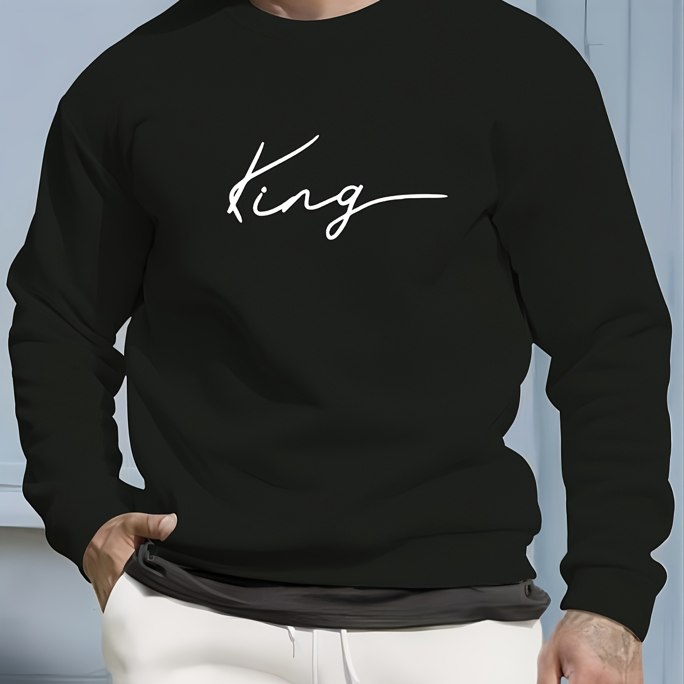 

King Letters Print Men' Pullover Round Neck Long Sleeve Sweatshirt Loose Casual Top For Spring Autumn Men's Clothing As Gifts Holiday