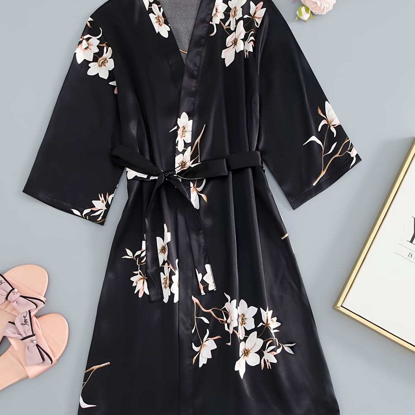 

Elegant Floral Print Satin Night Robes, Comfy 3 Quarter Sleeve Robe With Belt, Women's Loungewear & Sleepwear For Fall & Winter