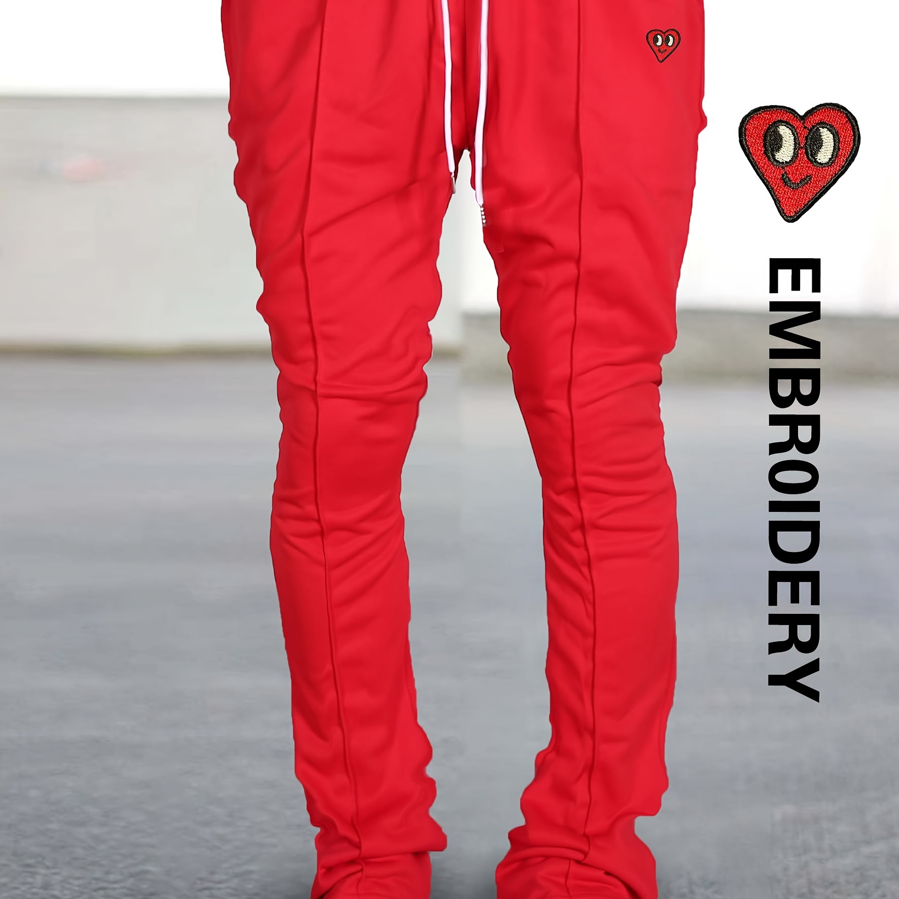 

Love With Eyes Embroidery Men's New Bell-bottom Pants, Fashion Drawstring Flared Trousers Sweatpants, Loose Casual Hip Hop Style Trousers For Spring Autumn Running Jogging Outdoor Fitness