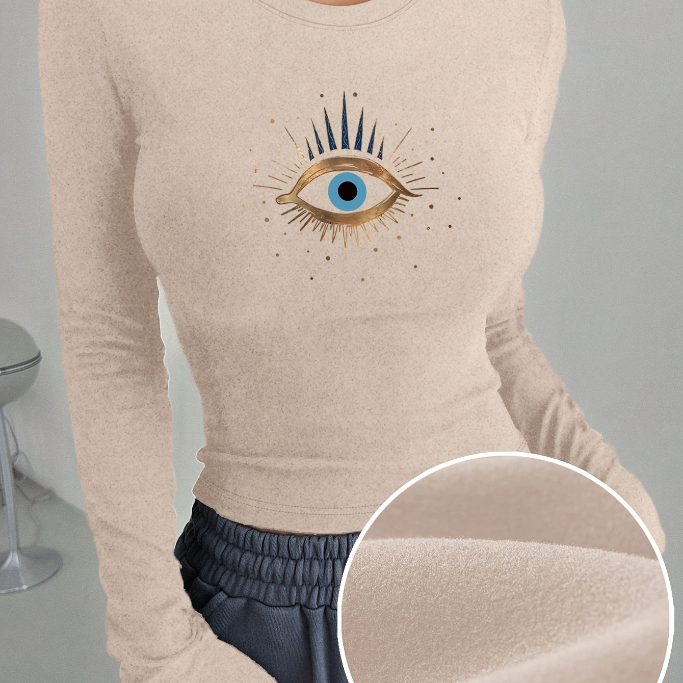 

Women's Elegant Eye Long Sleeve Crew Neck Top, 95% Polyester 5% Spandex, Skinny Pullovers For Fall/winter, Medium Stretch Applique Design