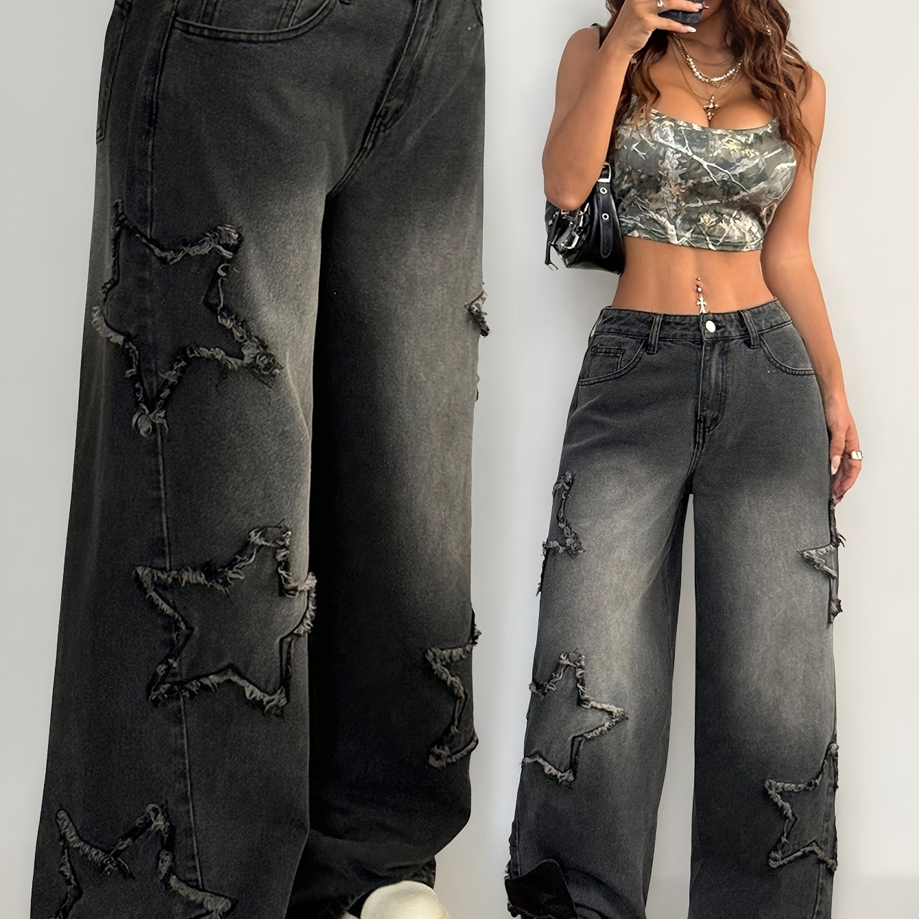 cool black gradient wide leg jeans personality star broken - Temu