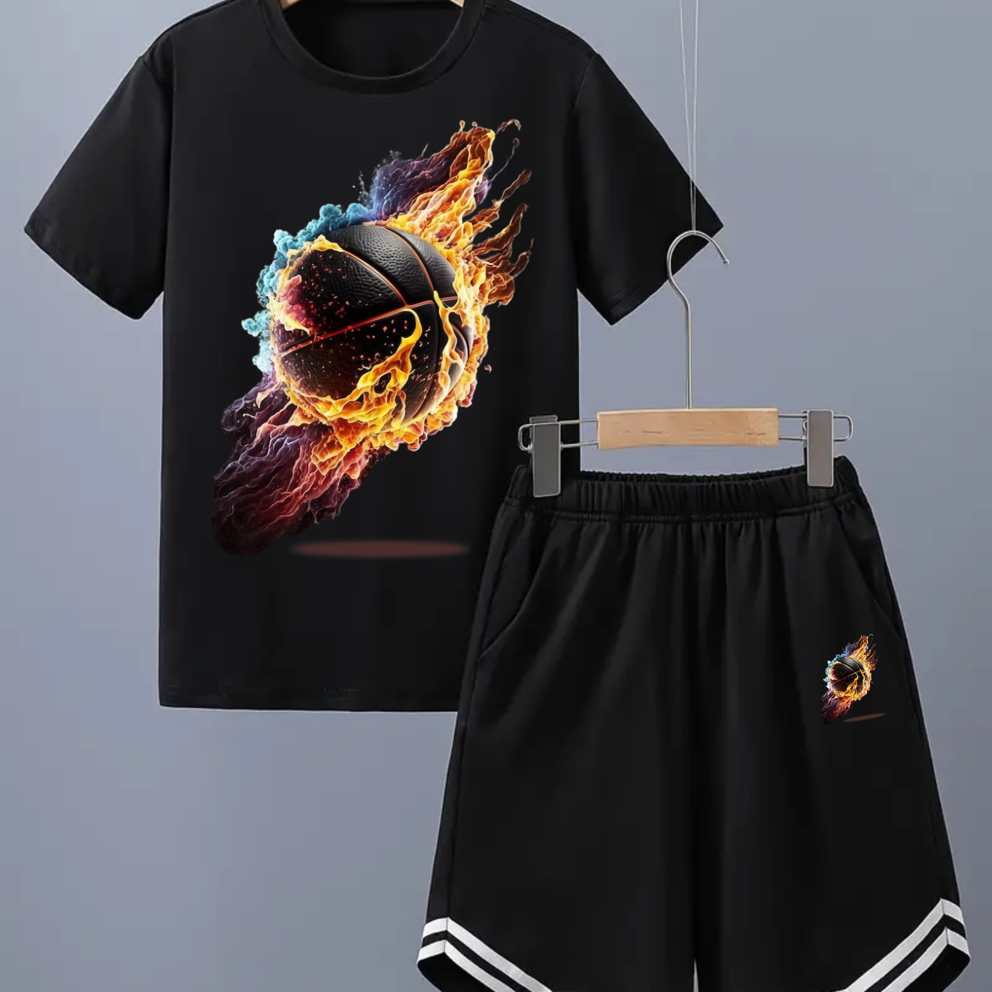 

2pcs Boys Casual Firing Basketball Graphic Print Comfortable Versatile Short Sleeve T-shirt & Shorts Set, Cool, Lightweight And Comfy Summer Clothes