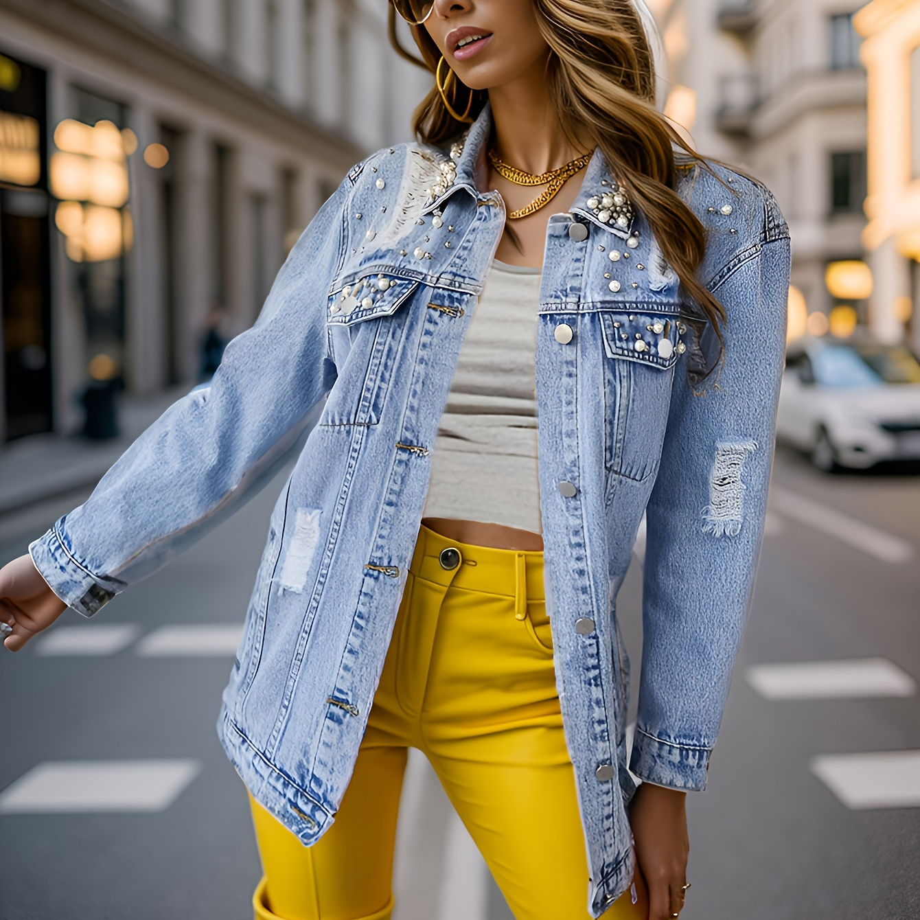 Faux Pearl Studded Denim Jackets Long Sleeves Ripped Holes - Temu