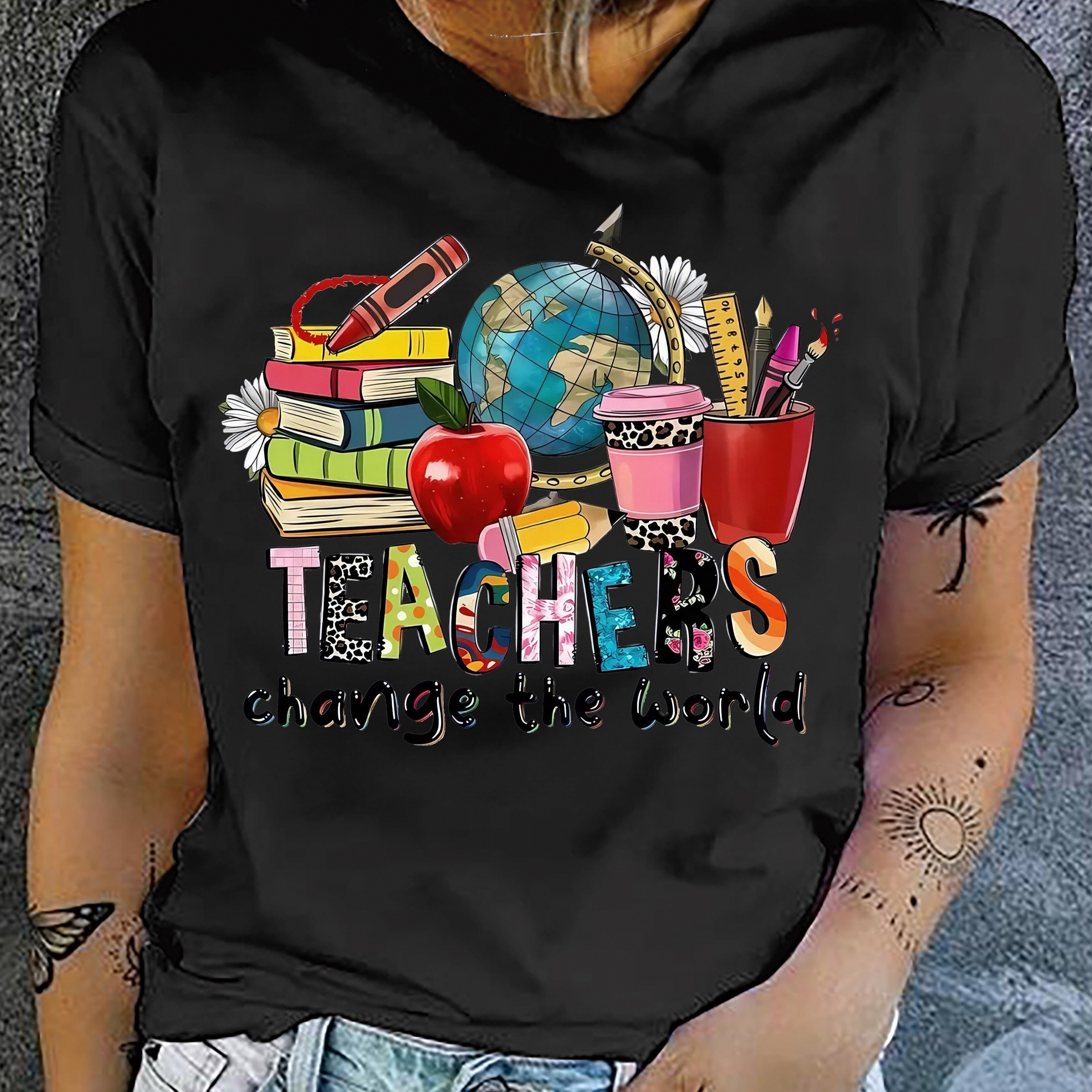 

Teachers & Book Print T-shirt, Short Sleeve Crew Neck Casual Top For Summer & Spring, Women's Clothing