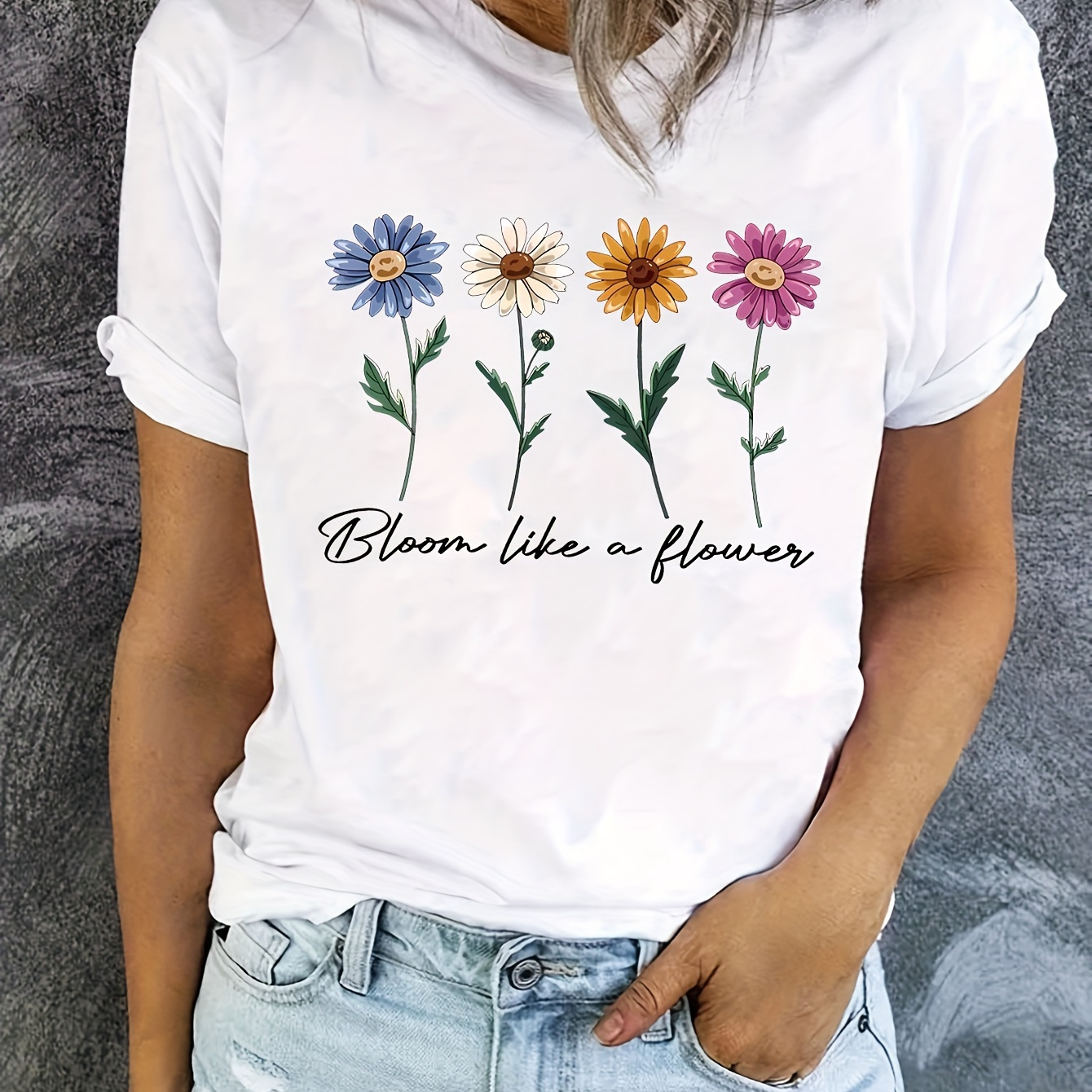 

Women's Casual Polyester Crew Neck T-shirt With Floral Print And Inspirational Quote, 100% Polyester Knit Fabric, Regular Length, - "bloom Like A Flower" Graphic Tee