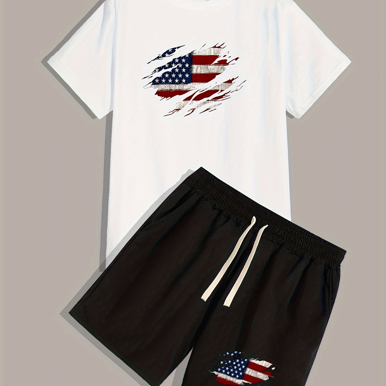 

American Flag Pattern Print Men's 2 Pieces Outfits, Crew Neck Short Sleeve T-shirt & Drawstring Shorts Co Ord Set For Summer, Outdoor Sports