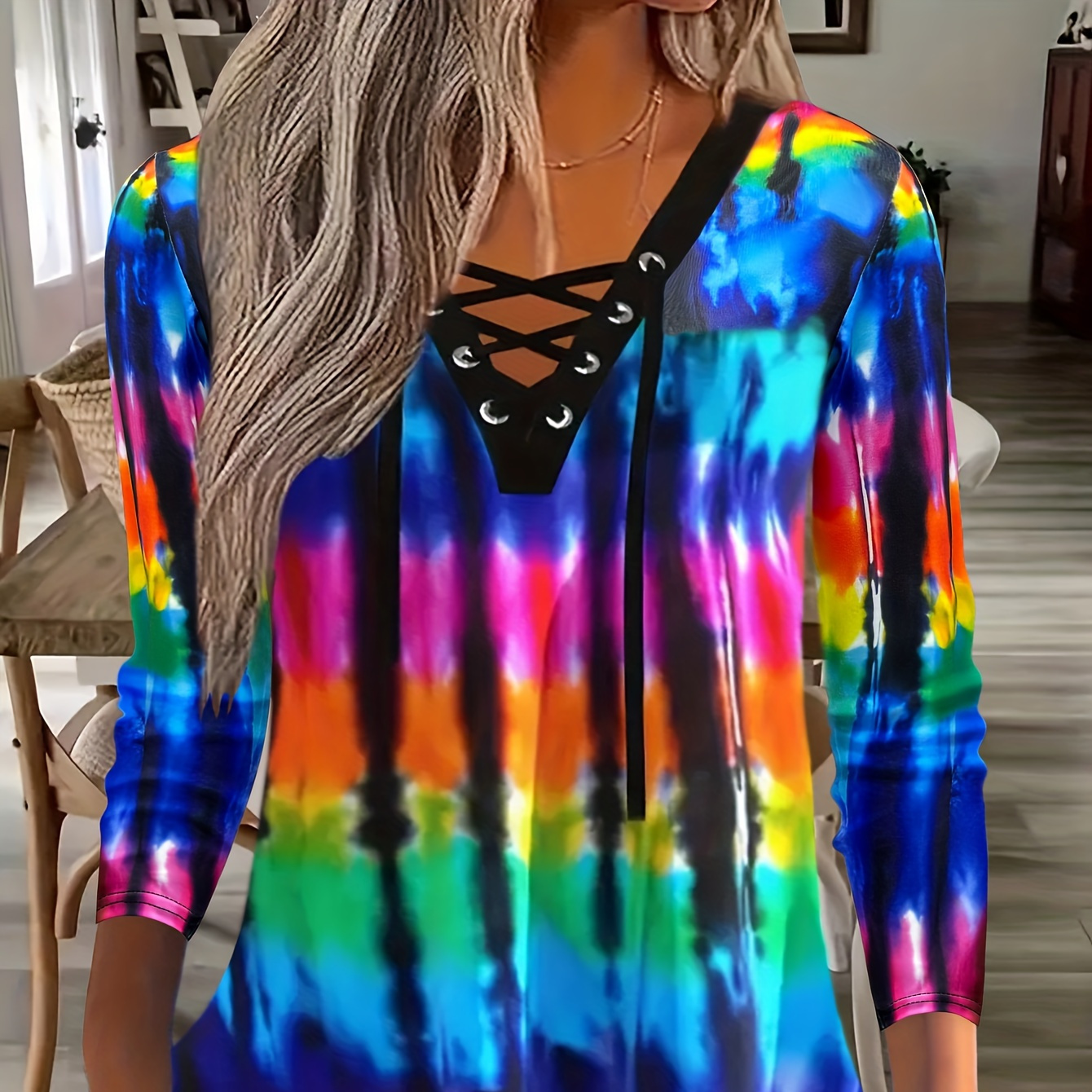 

Plus Size Colorful Print Tie Dye T-shirt, Casual Lace Up Front Long Sleeve Top For Spring & Fall, Women's Plus Size Clothing