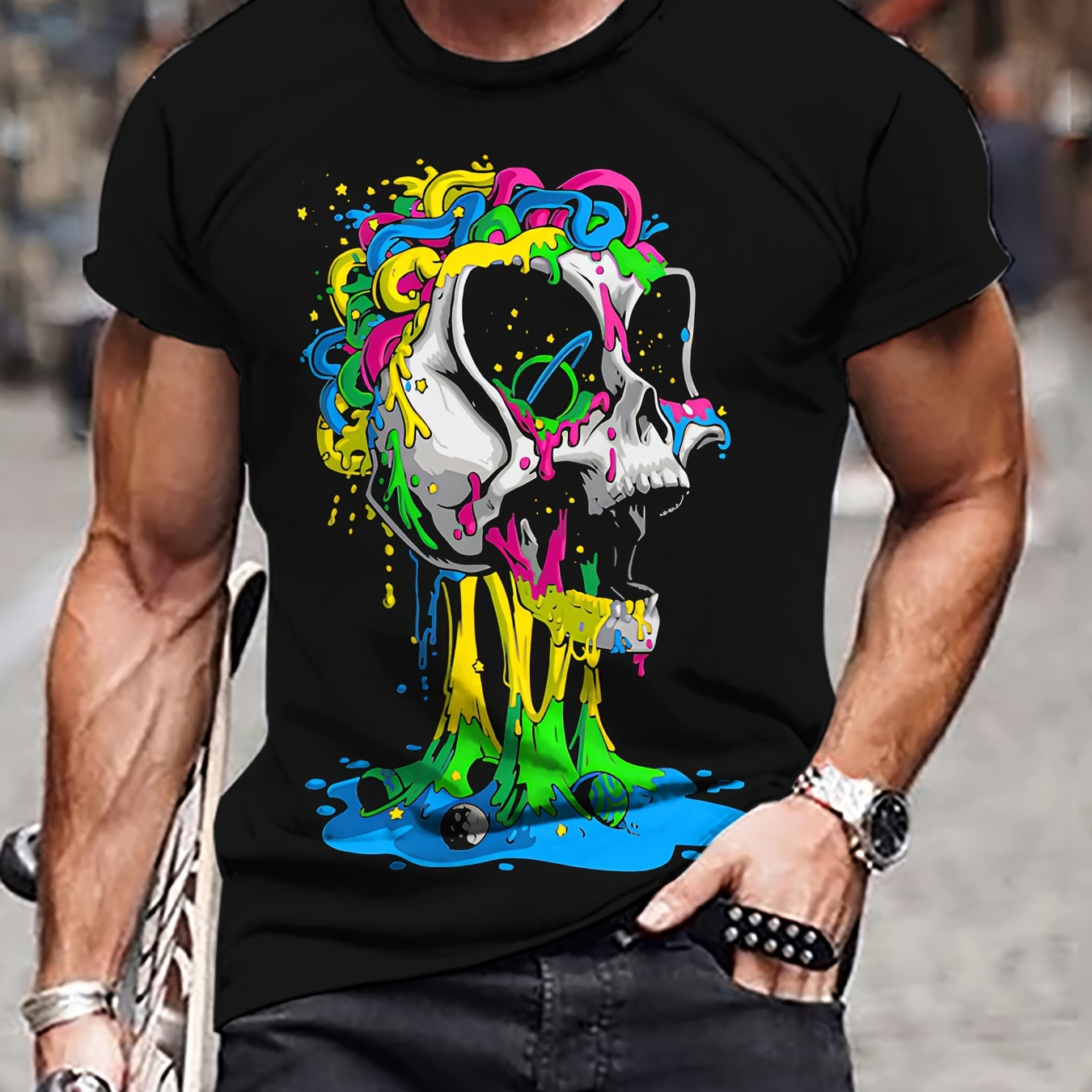 

Men's Colorful Skull Print T-shirt, Casual Short Sleeve Crew Neck Tee, Men's Clothing For Outdoor